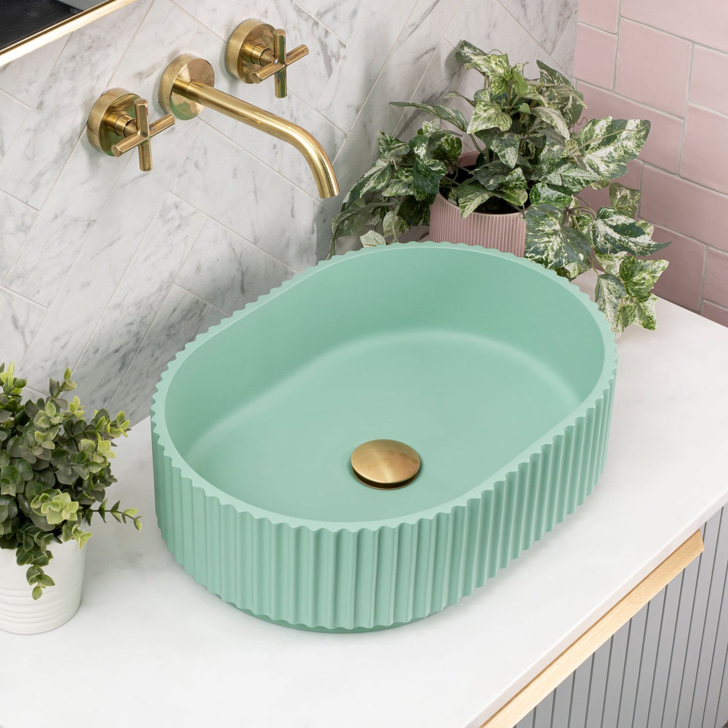 Stadio Groove 480mm Fluted Oval Artificial Stone Above-Counter Basin, Matte Mint Green