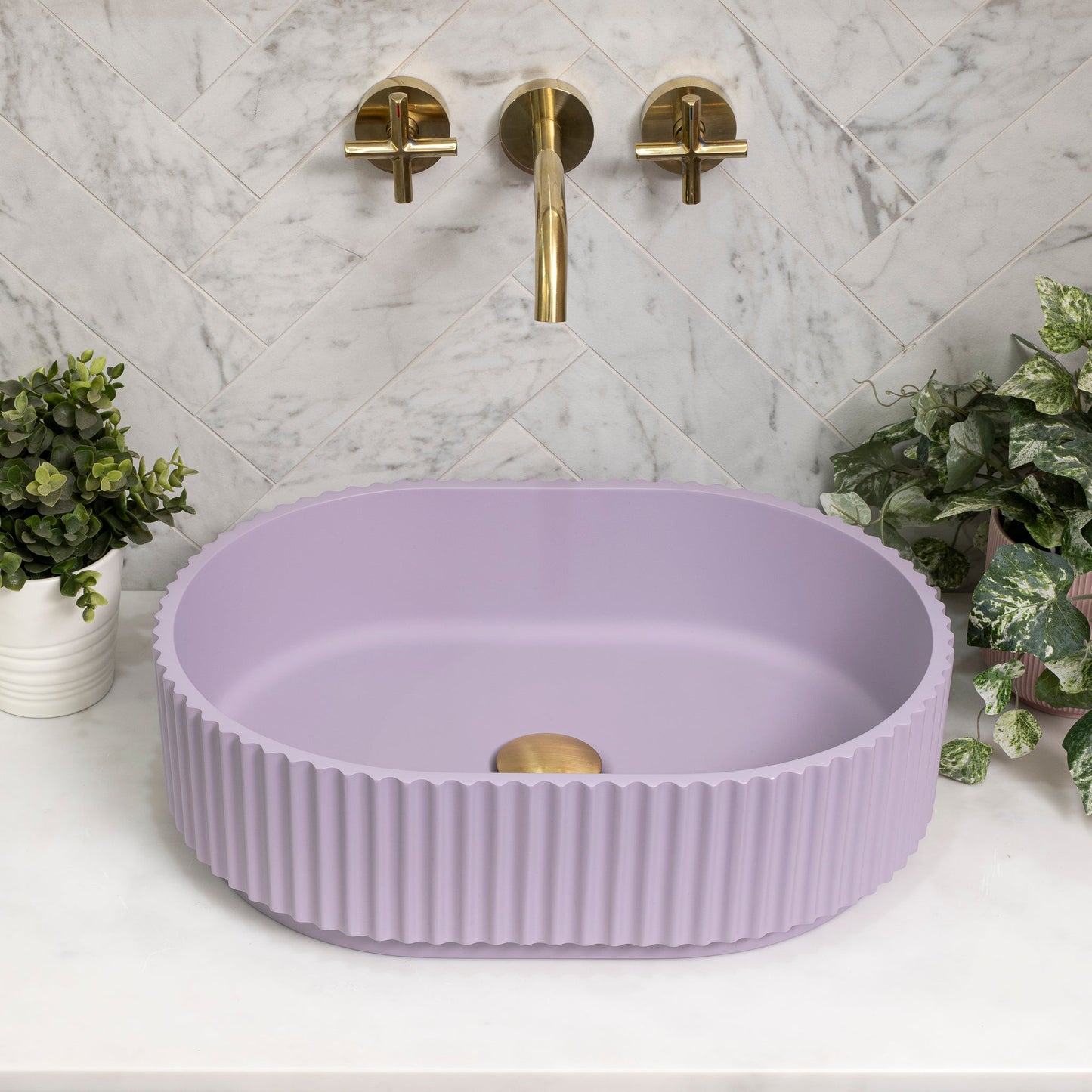 Stadio Groove 480mm Fluted Oval Artificial Stone Above-Counter Basin, Matte Lilac