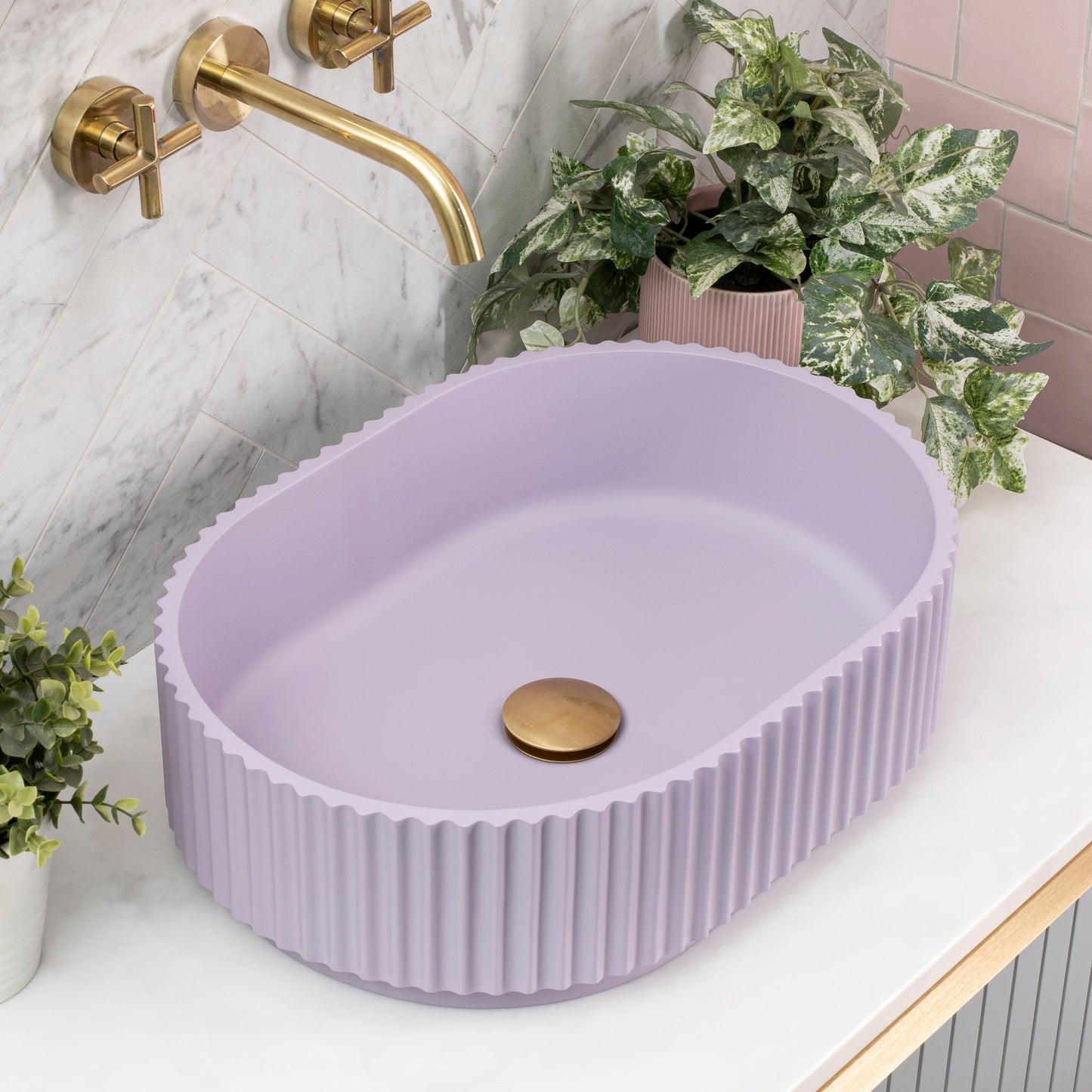 Stadio Groove 480mm Fluted Oval Artificial Stone Above-Counter Basin, Matte Lilac