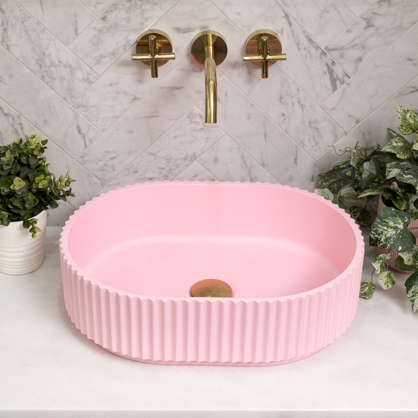 Stadio Groove 480mm Fluted Oval Artificial Stone Above-Counter Basin, Matte Pink