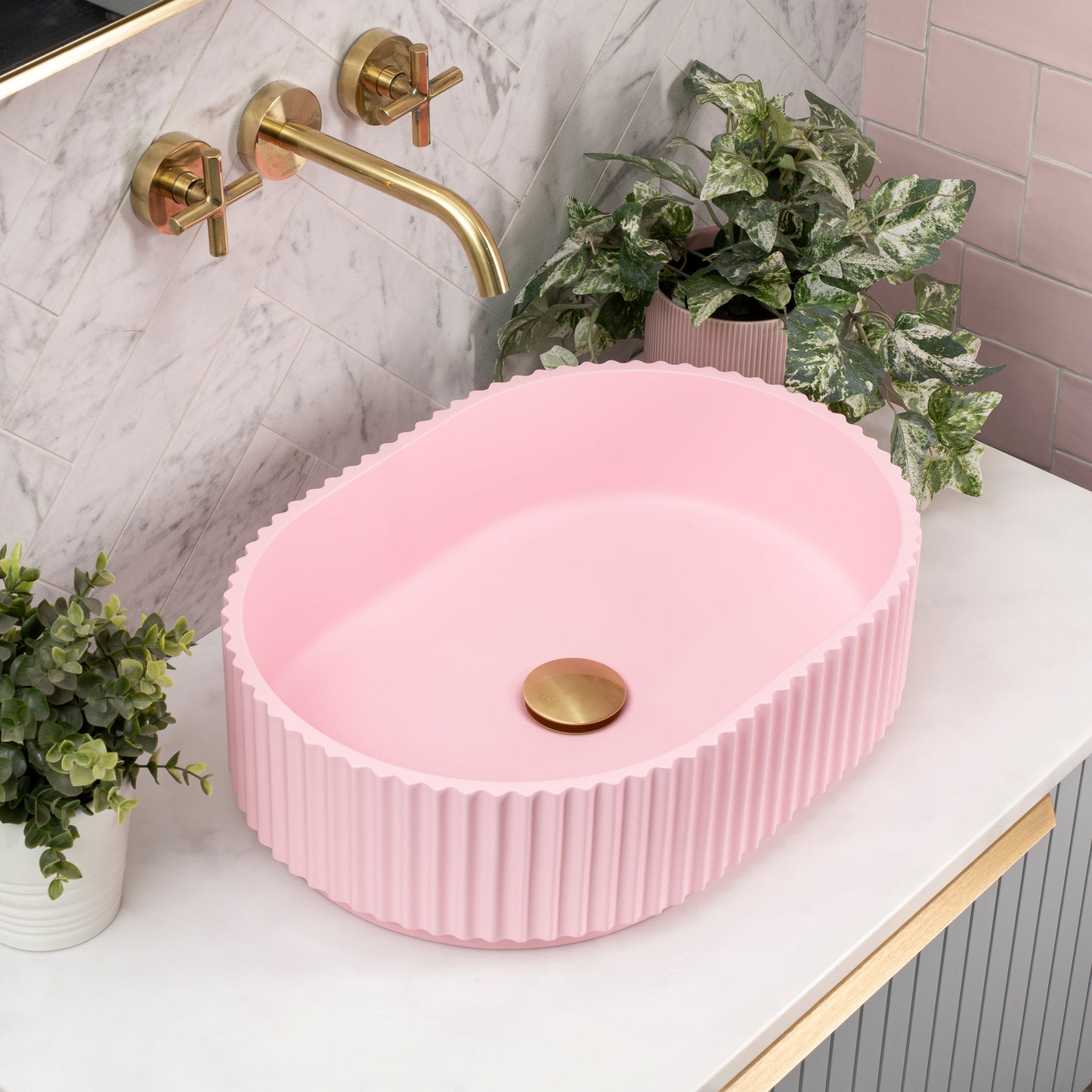 Stadio Groove 480mm Fluted Oval Artificial Stone Above-Counter Basin, Matte Pink