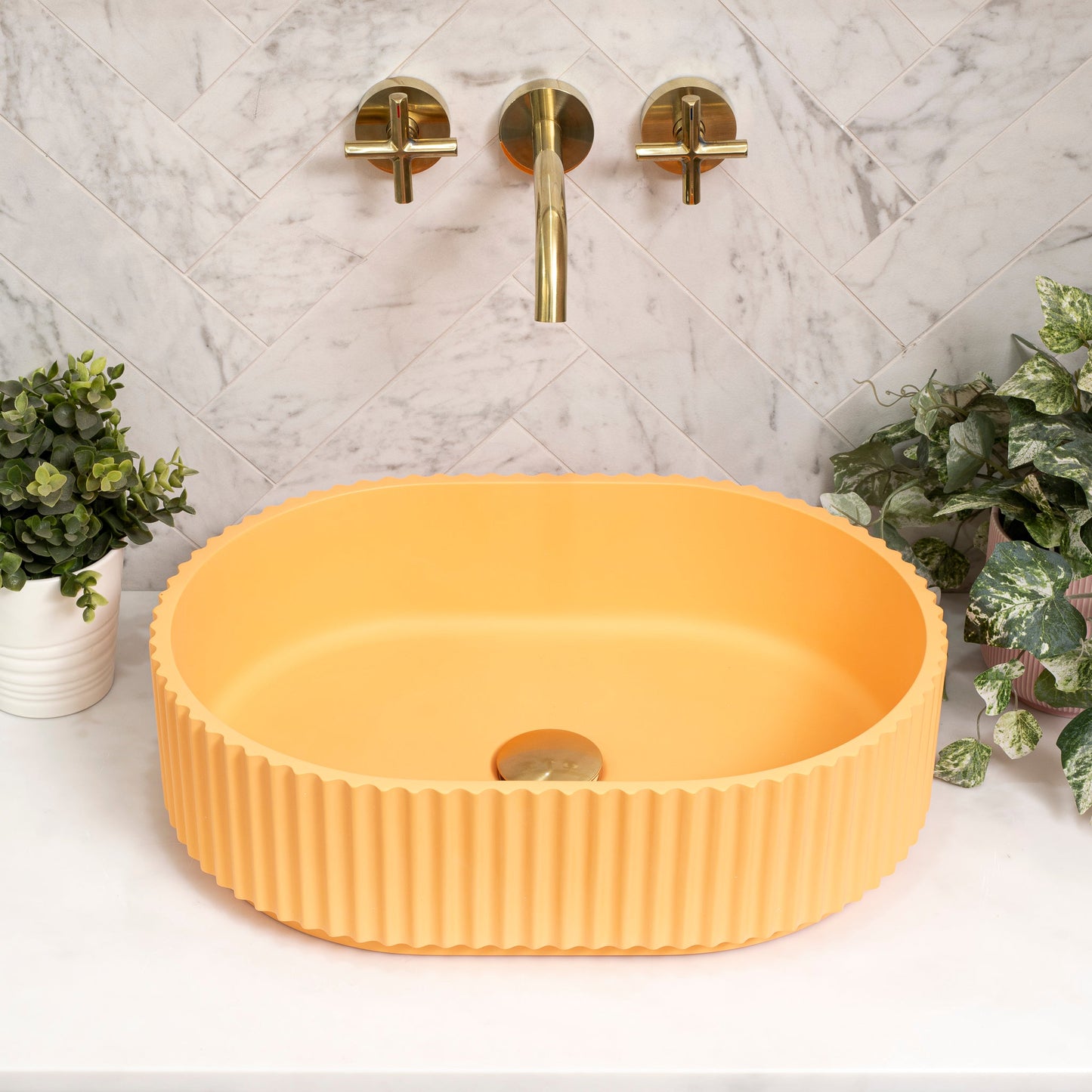 Stadio Groove 480mm Fluted Oval Artificial Stone Above-Counter Basin, Matte Golden Yellow (Orange)