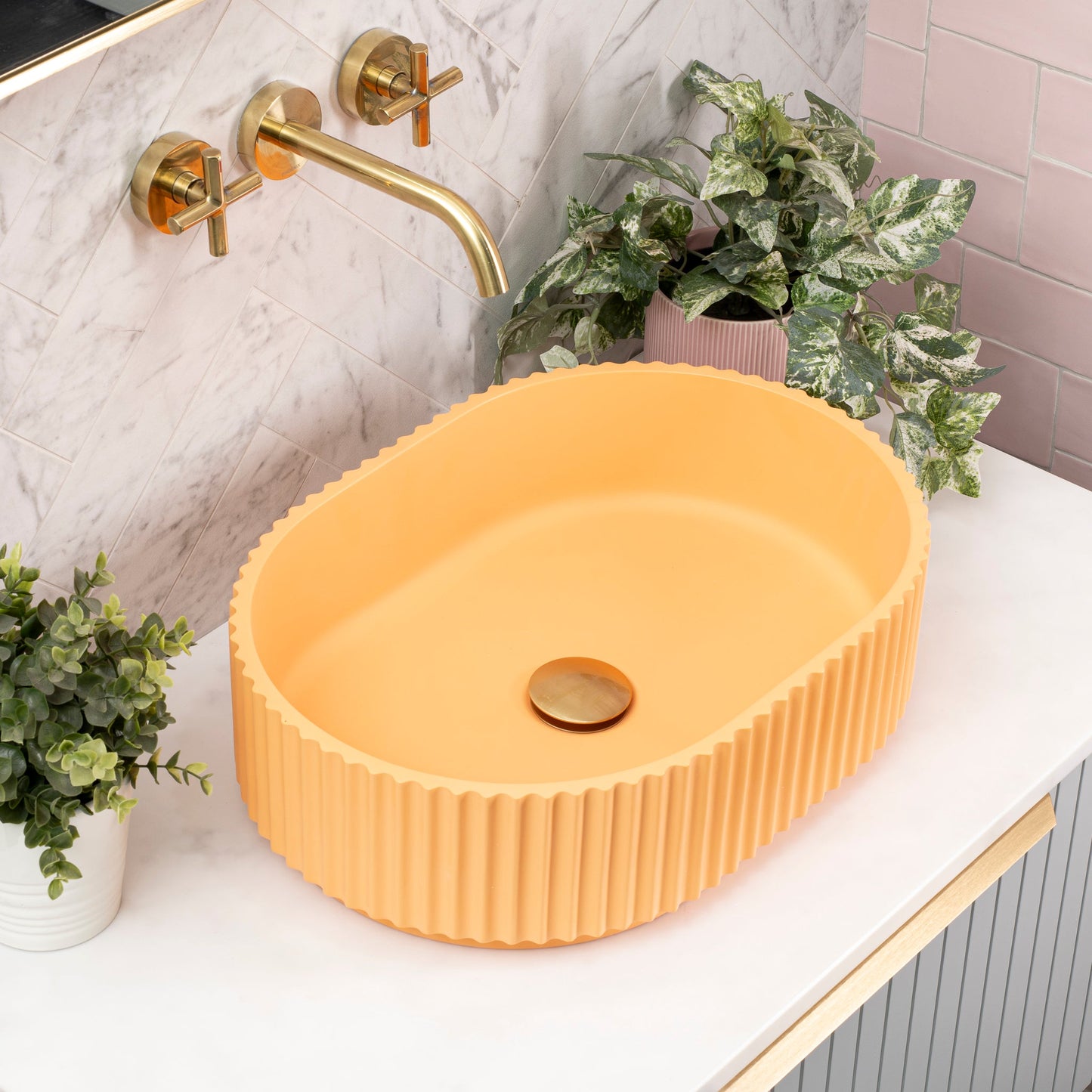 Stadio Groove 480mm Fluted Oval Artificial Stone Above-Counter Basin, Matte Golden Yellow (Orange)