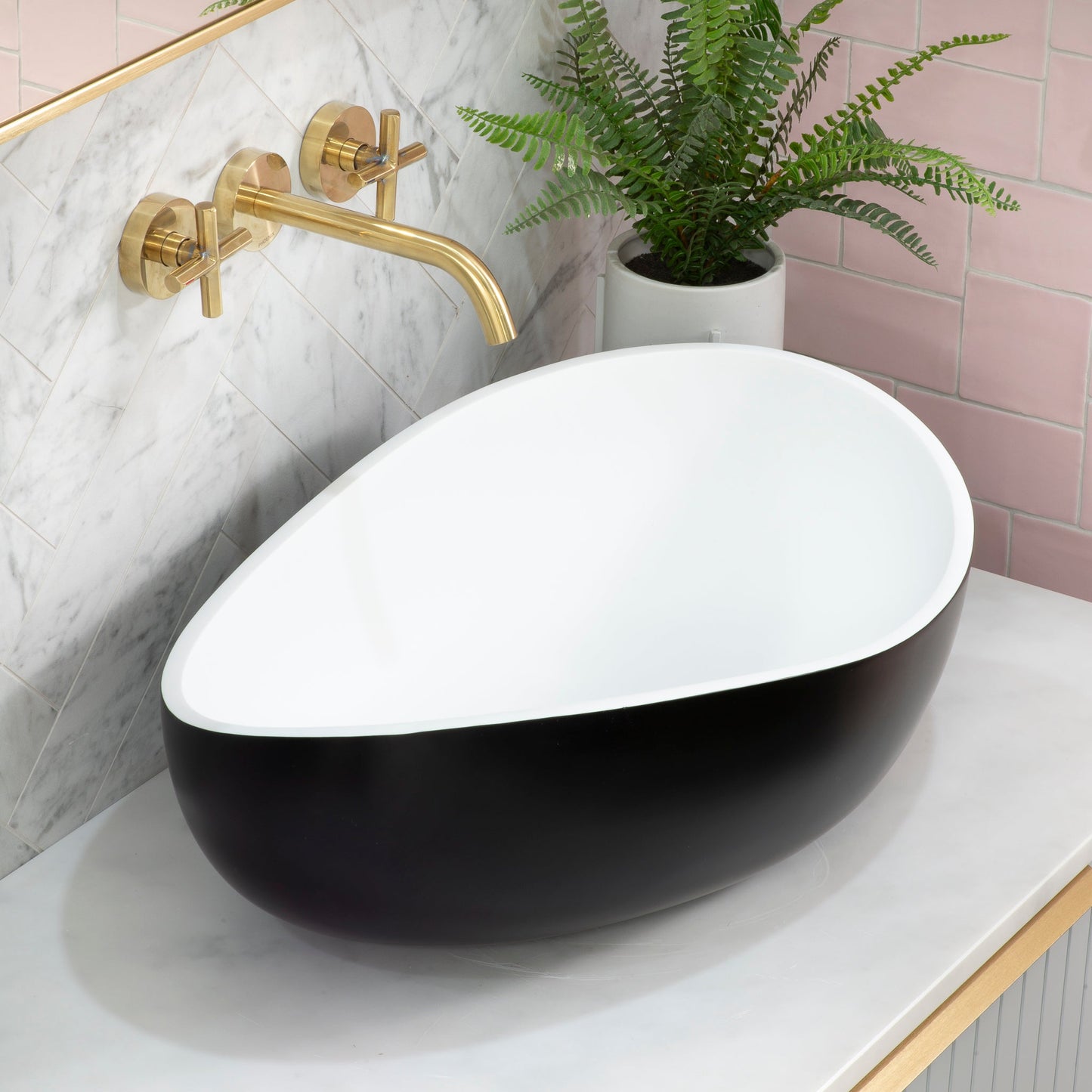 Wave Oval 600mm Artificial Stone Above-Counter Basin, Matte Black and White