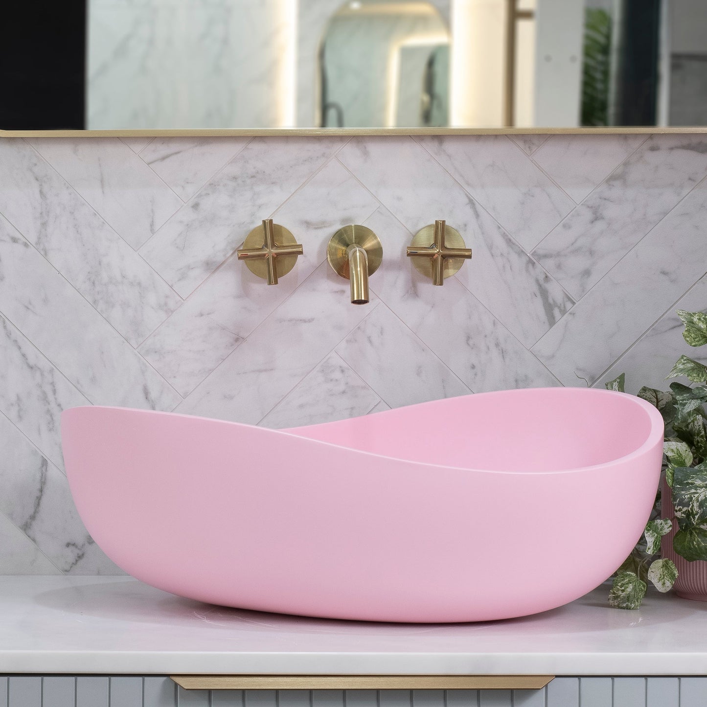 Wave Oval 600mm Artificial Stone Above-Counter Basin, Matte Pink