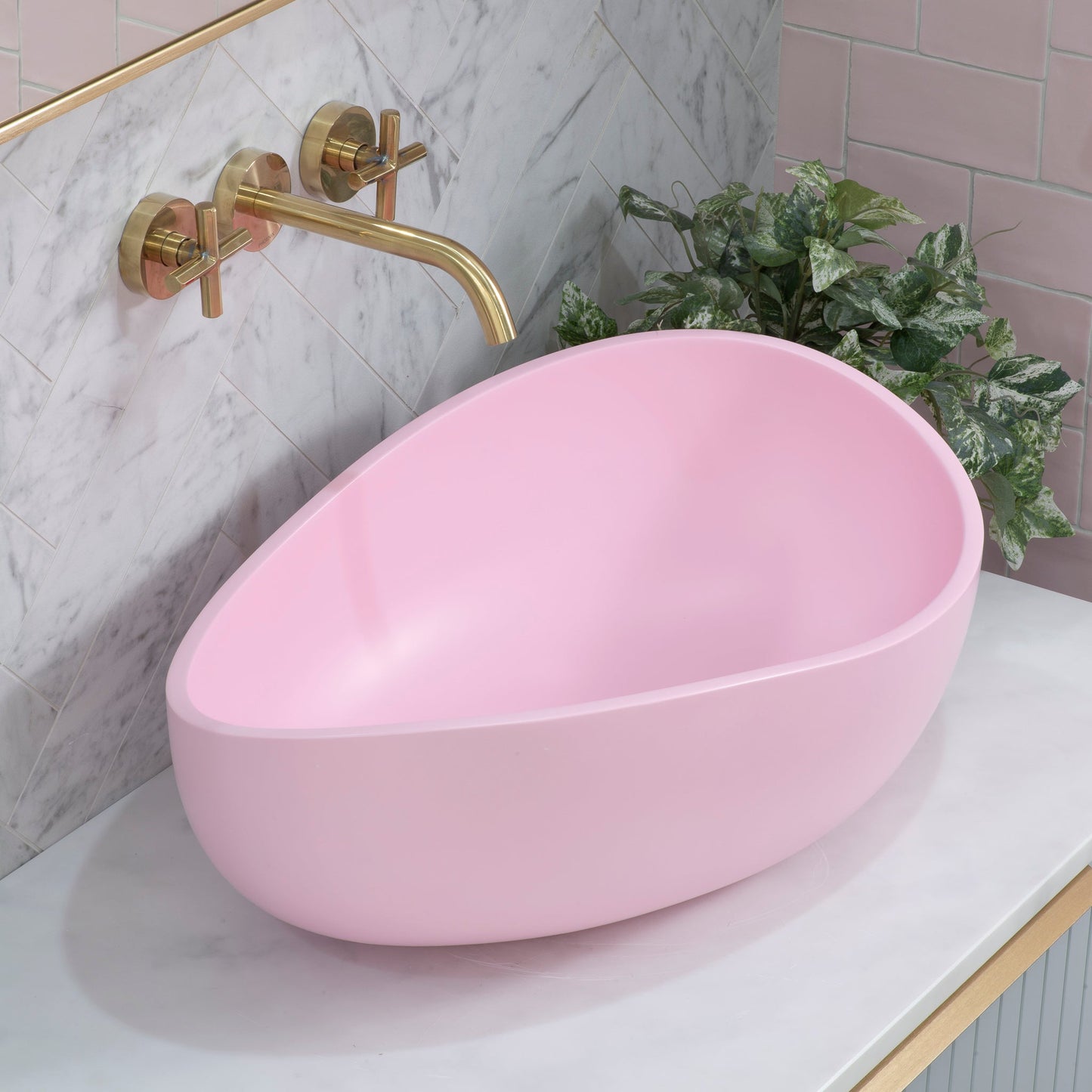 Wave Oval 600mm Artificial Stone Above-Counter Basin, Matte Pink