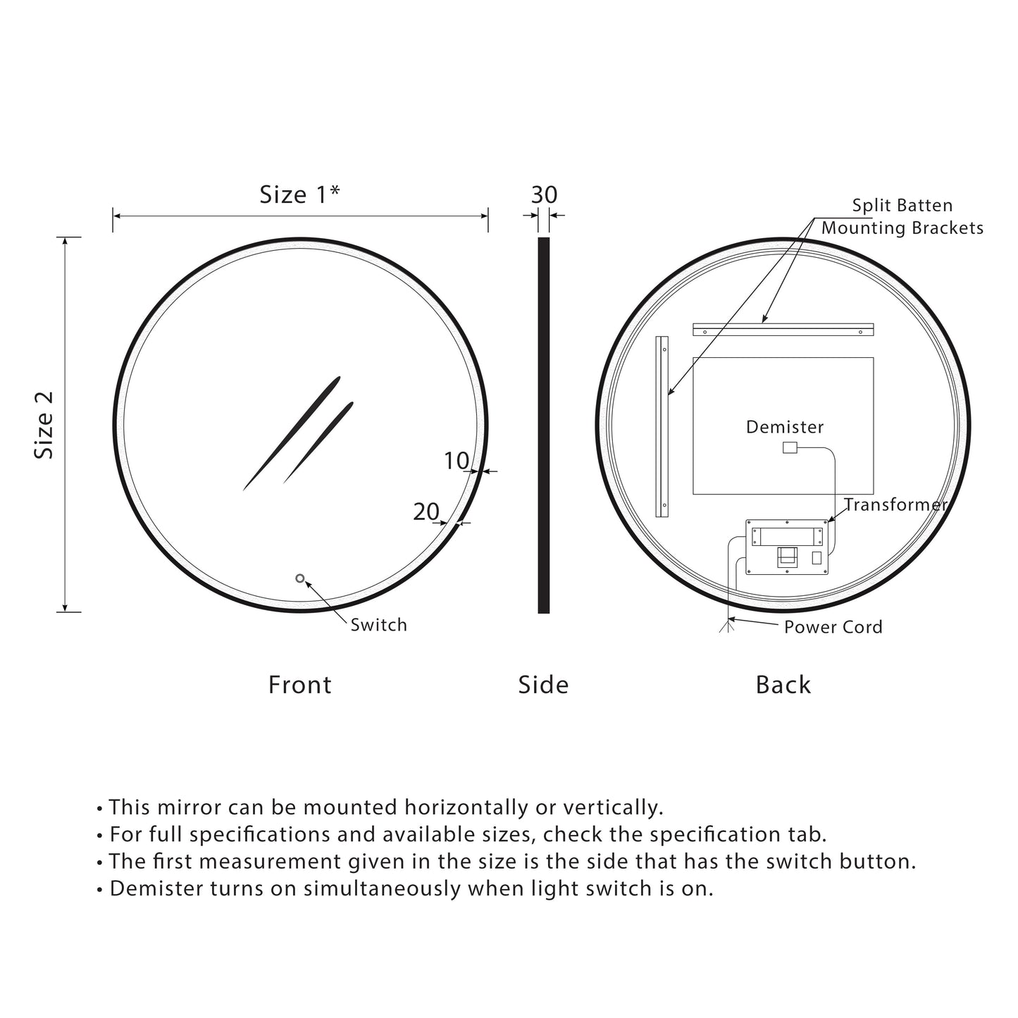 Circa Round 100mm Frontlit LED Mirror with Matte Black Frame and Demister