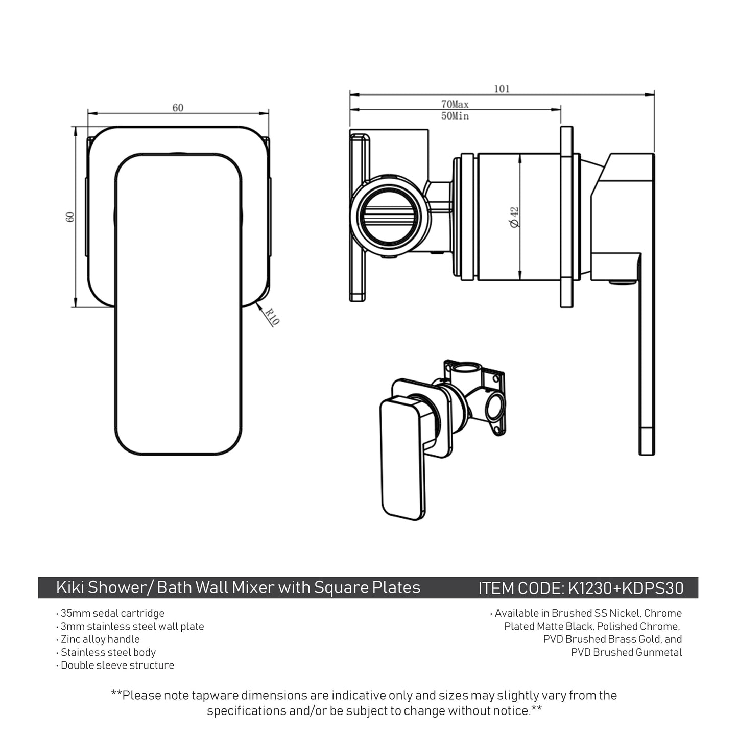 Kiki Shower/ Bath Wall Mixer with Square Plates, Brushed Nickel
