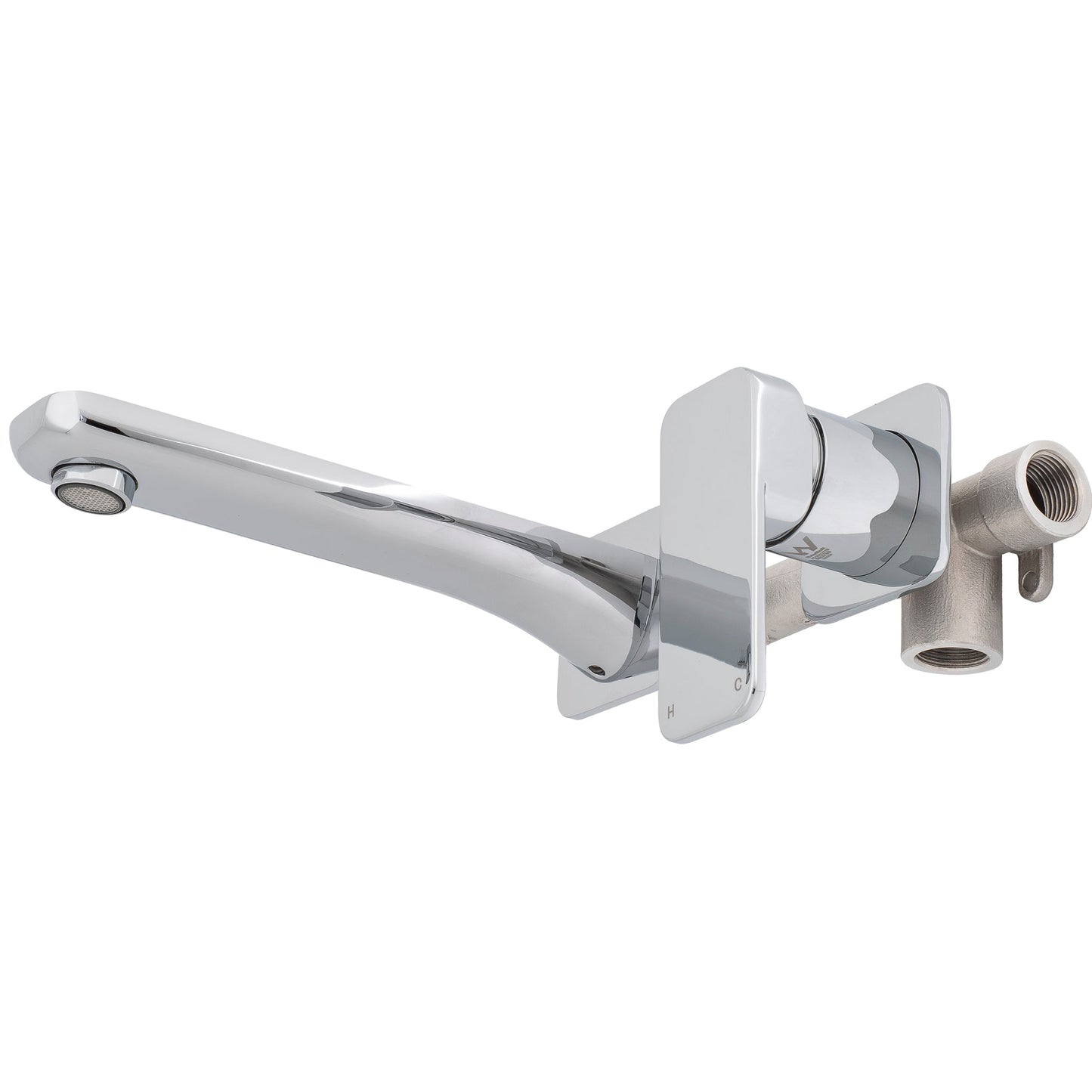 Kiki Wall Mounted Basin/ Bath Mixer with Spout and Square Plates, Polished Chrome