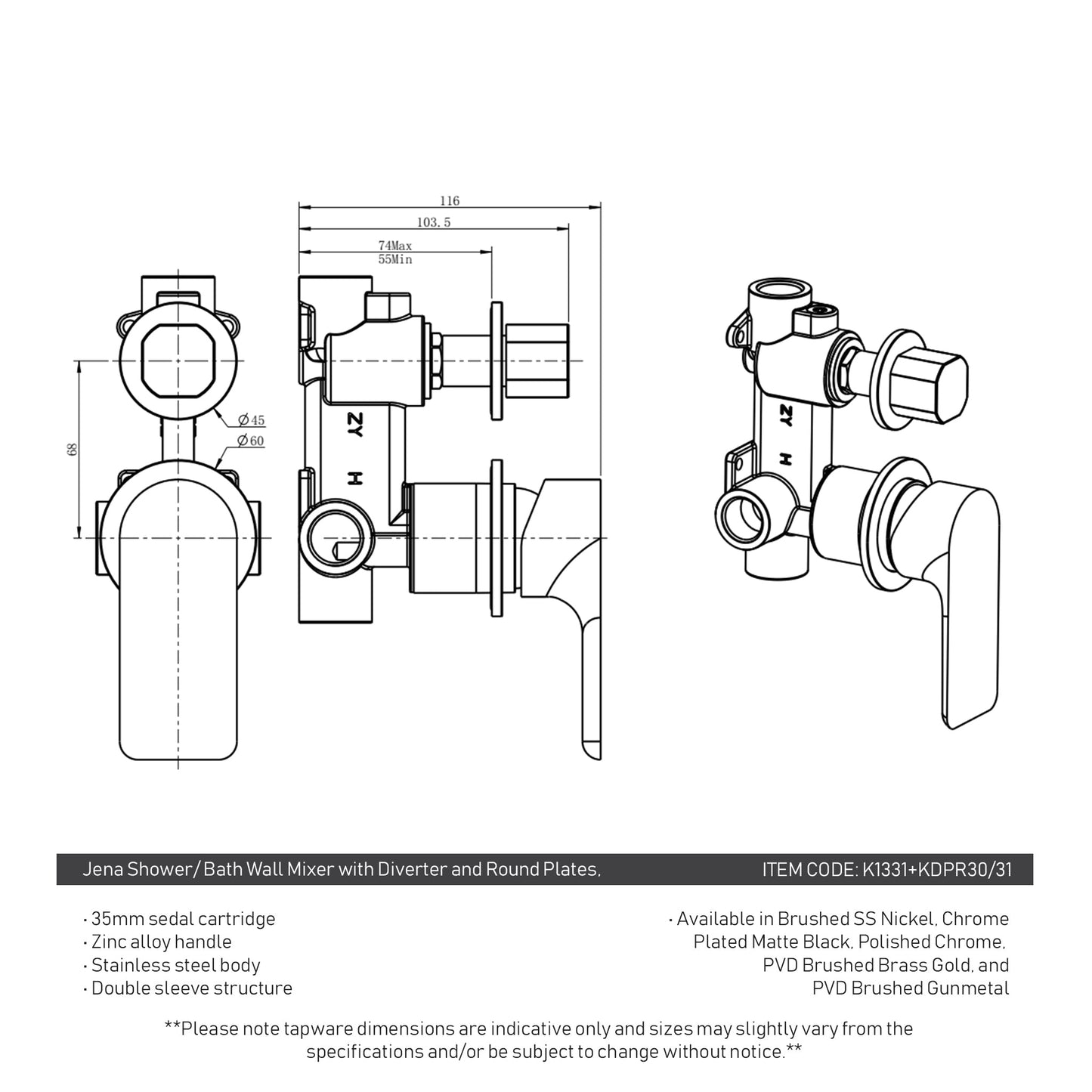 Jena Shower/ Bath Wall Mixer with Diverter and Round Plates, Polished Chrome
