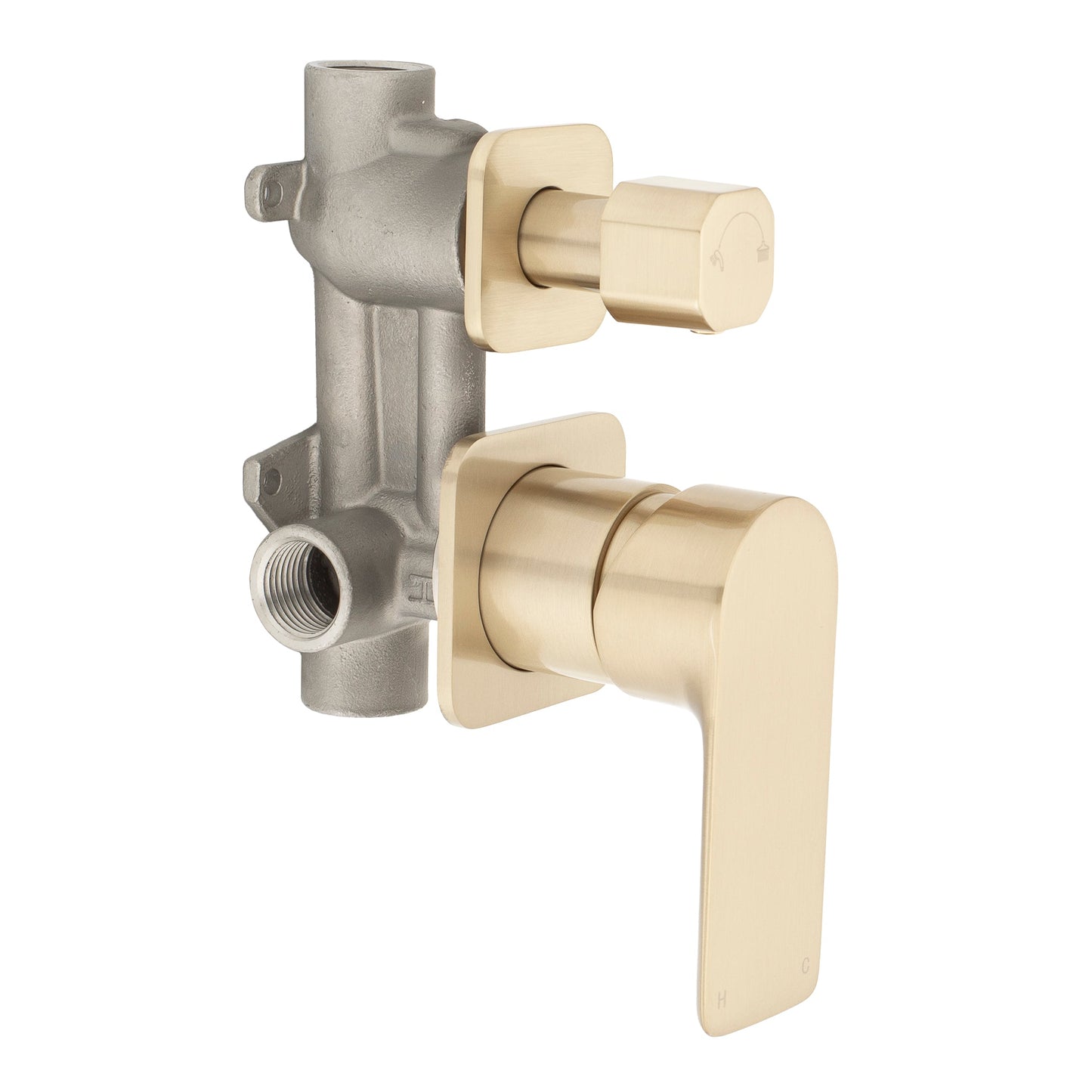 Jena Shower/ Bath Wall Mixer with Diverter and Square Plates, Brushed Brass (Gold)
