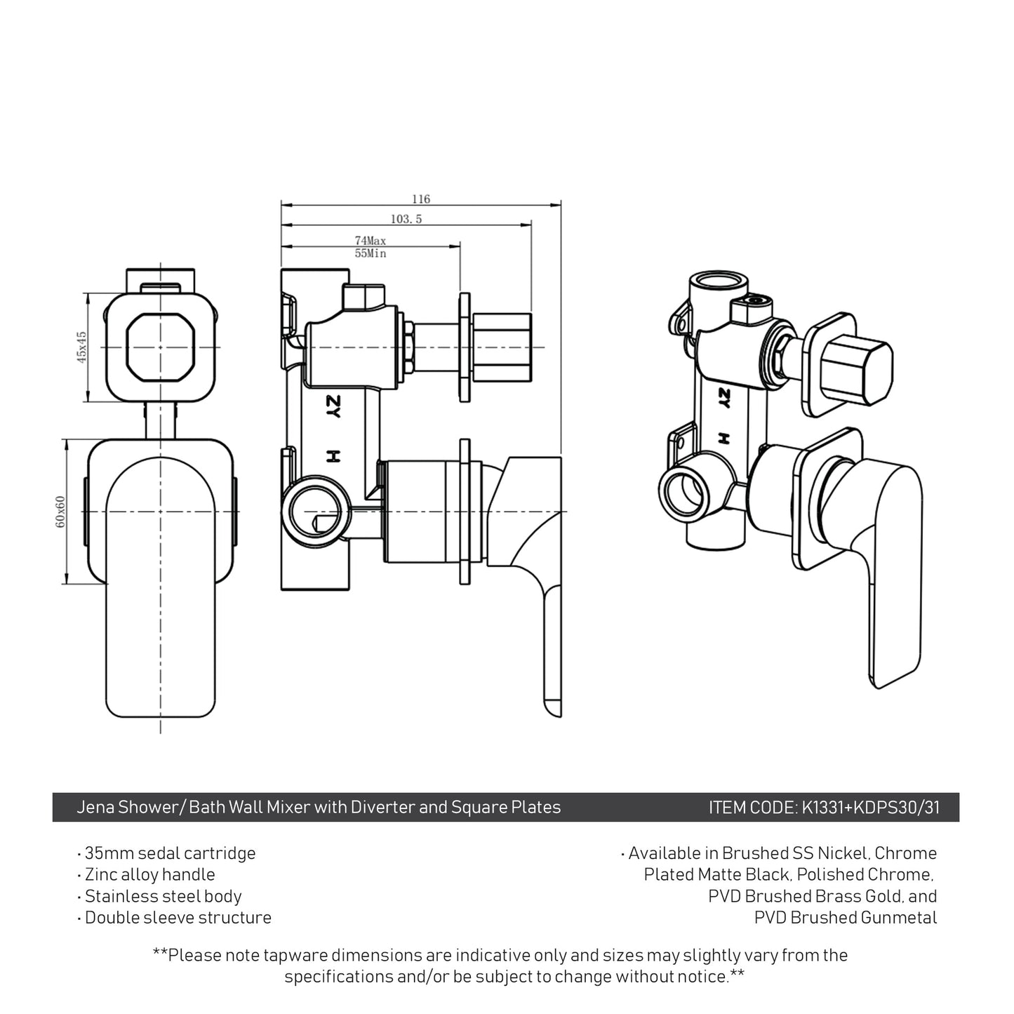 Jena Shower/ Bath Wall Mixer with Diverter and Square Plates, Brushed Brass (Gold)