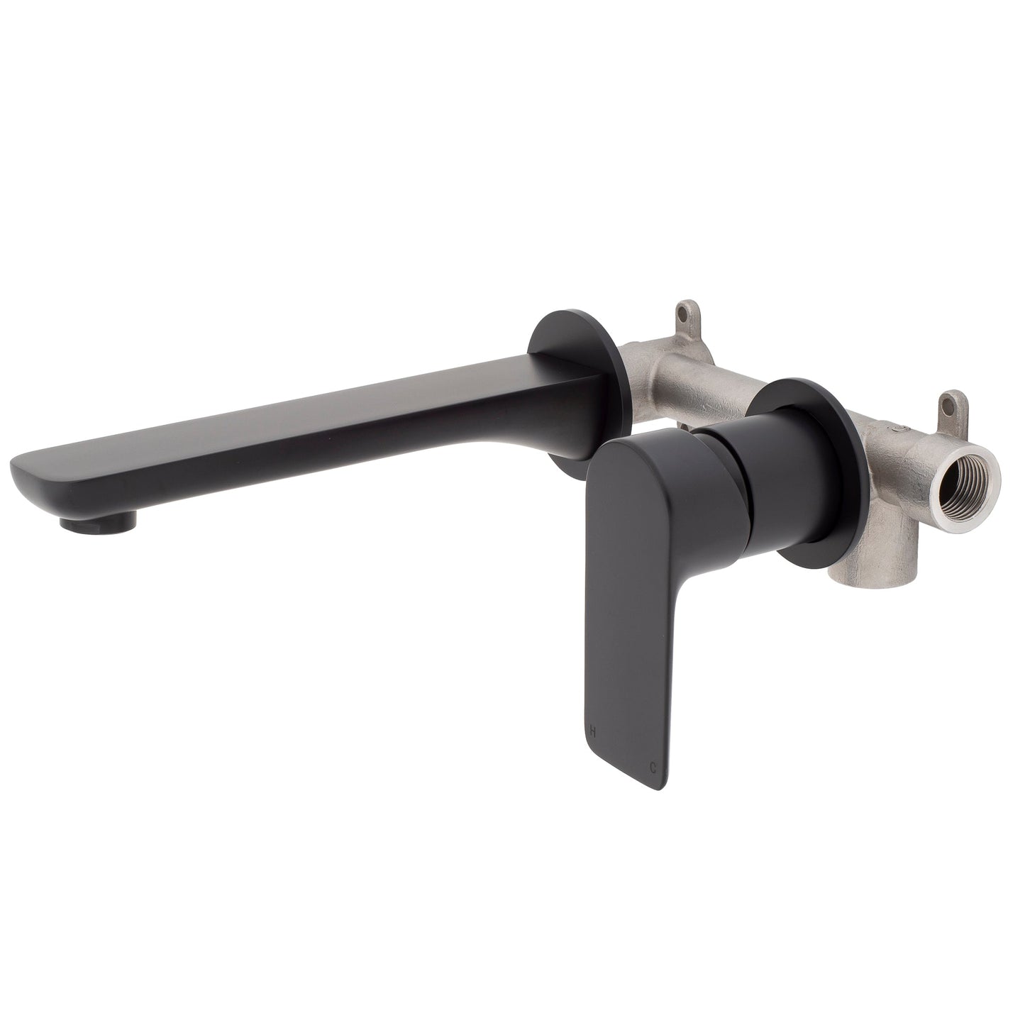 Jena Wall Mounted Basin/ Bath Mixer with Spout and Round Plates, Matte Black