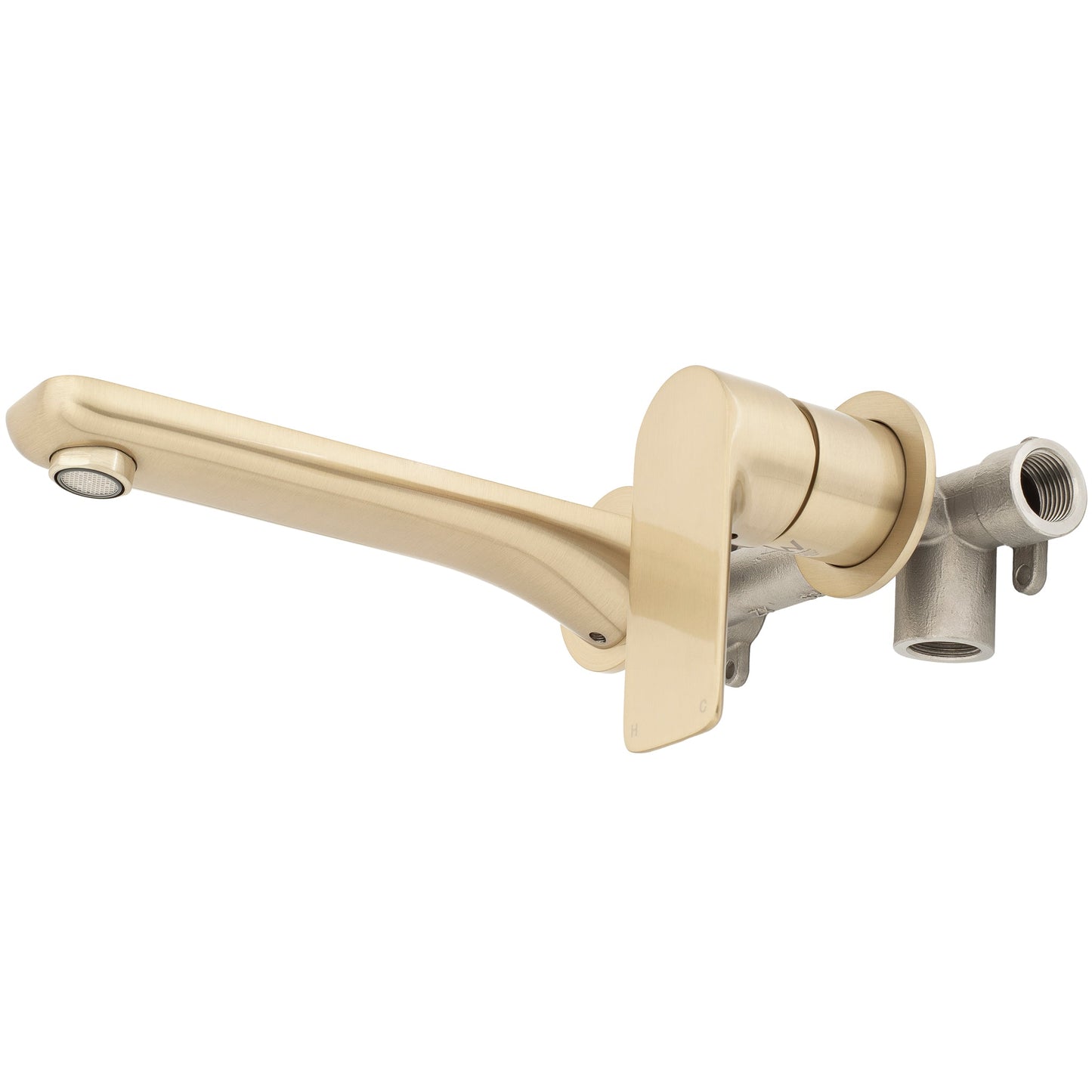 Jena Wall Mounted Basin/ Bath Mixer with Spout and Round Plates, Brushed Brass (Gold)