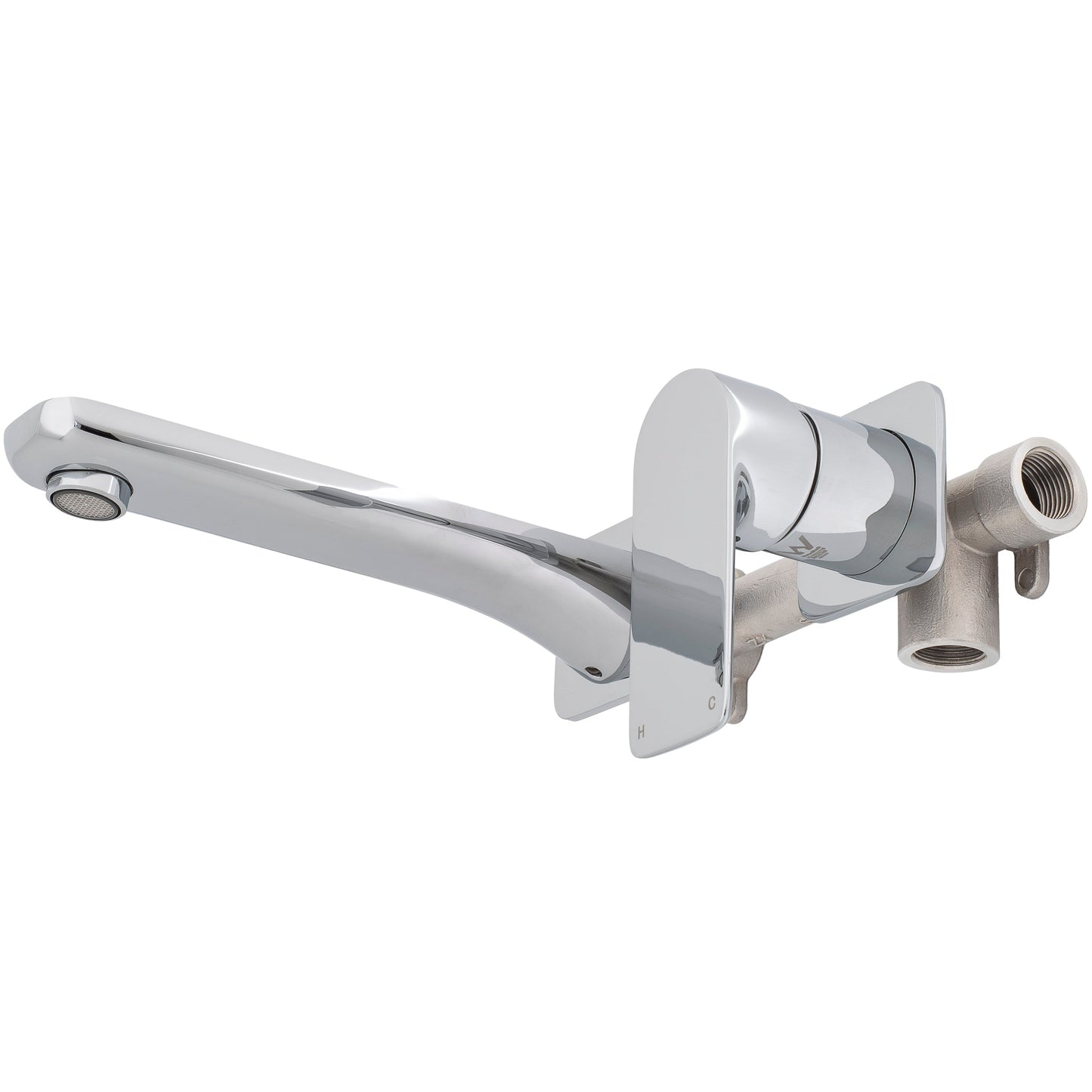 Jena Wall Mounted Basin/ Bath Mixer with Spout and Square Plates, Polished Chrome