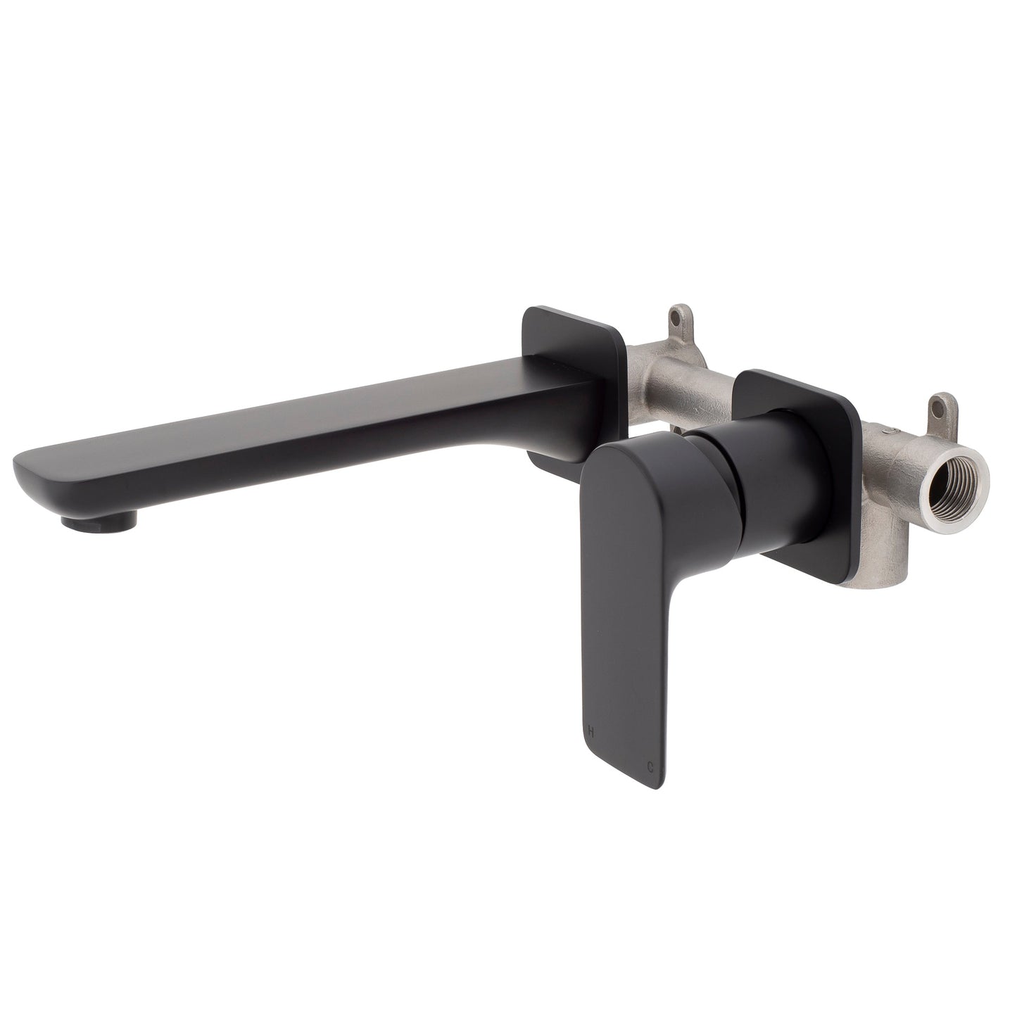 Jena Wall Mounted Basin/ Bath Mixer with Spout and Square Plates, Matte Black