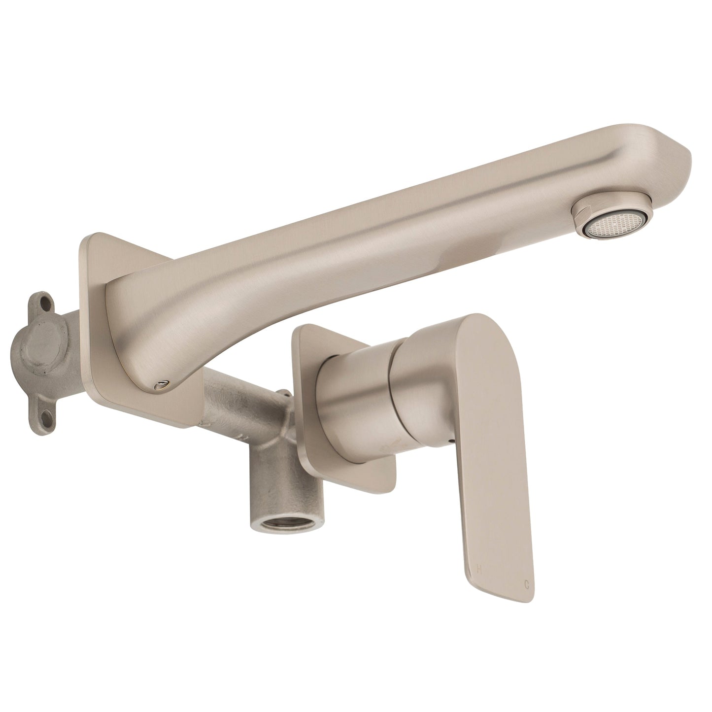Jena Wall Mounted Basin/ Bath Mixer with Spout and Square Plates, Brushed Nickel
