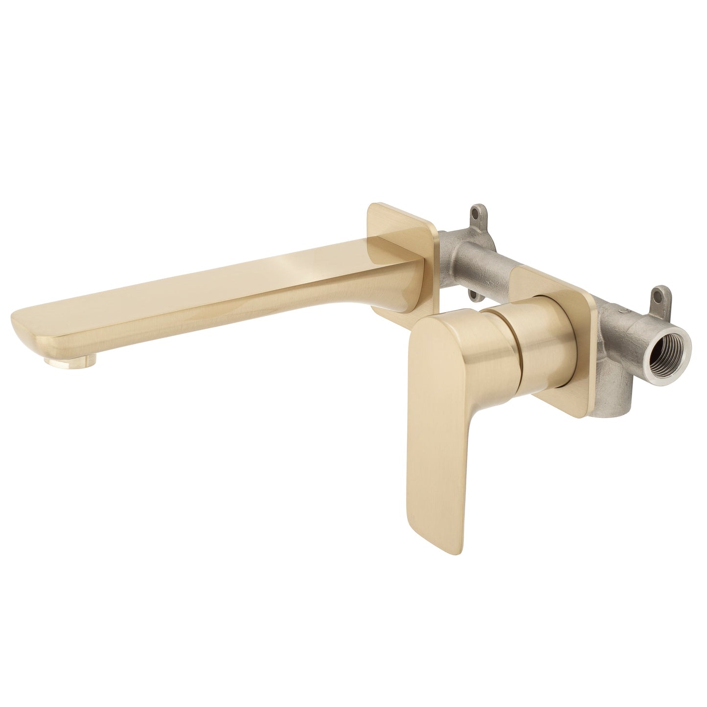 Jena Wall Mounted Basin/ Bath Mixer with Spout and Square Plates, Brushed Brass (Gold)