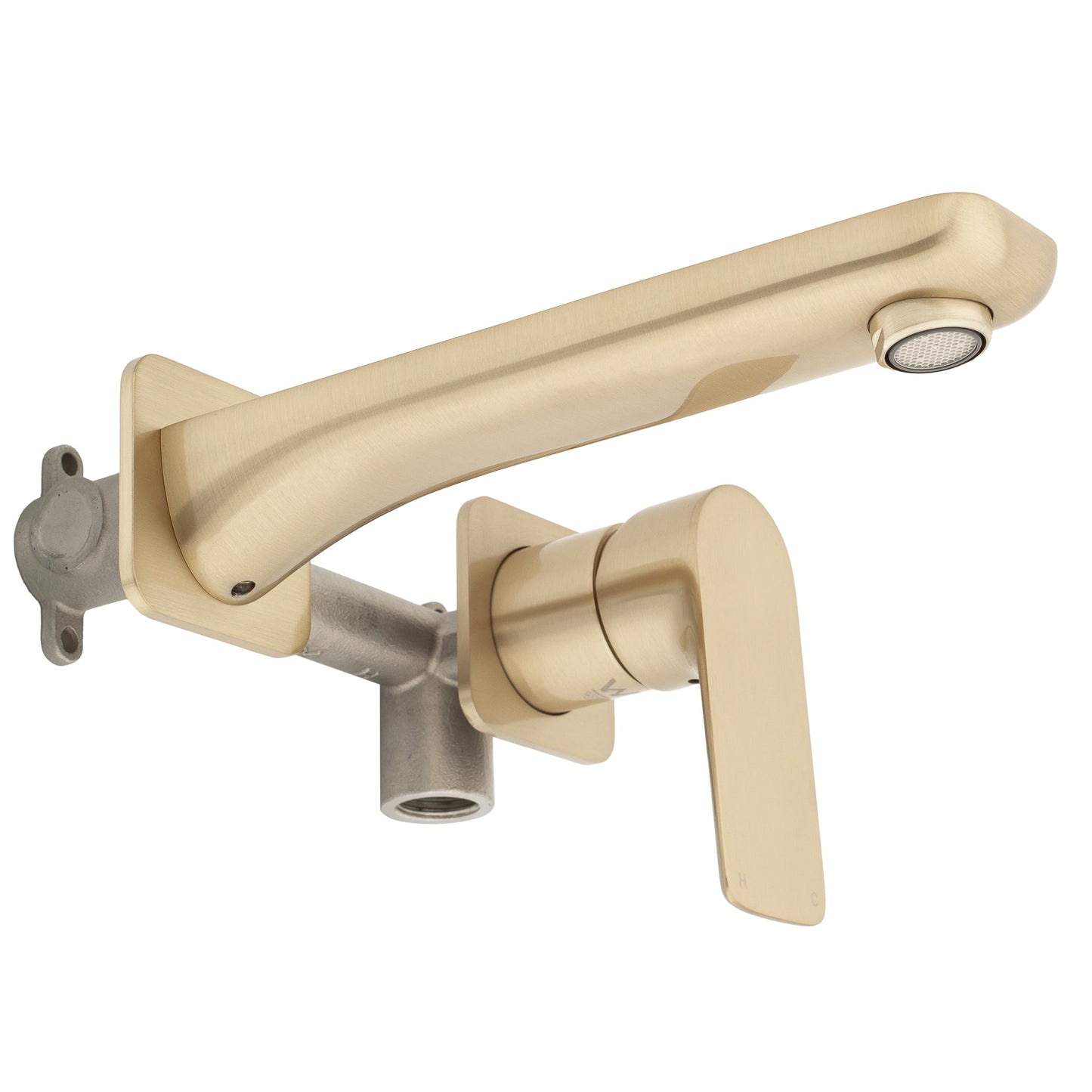 Jena Wall Mounted Basin/ Bath Mixer with Spout and Square Plates, Brushed Brass (Gold)