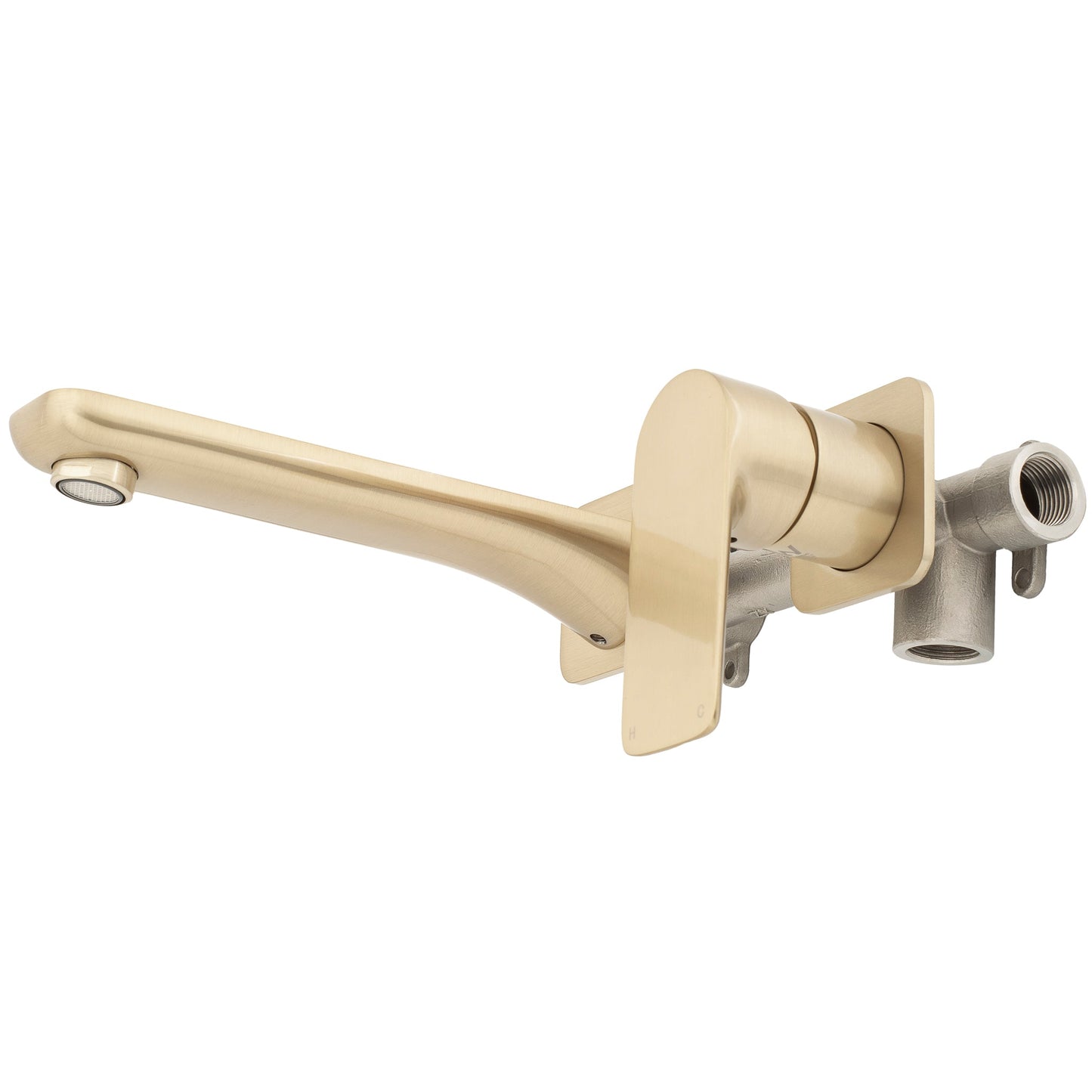 Jena Wall Mounted Basin/ Bath Mixer with Spout and Square Plates, Brushed Brass (Gold)