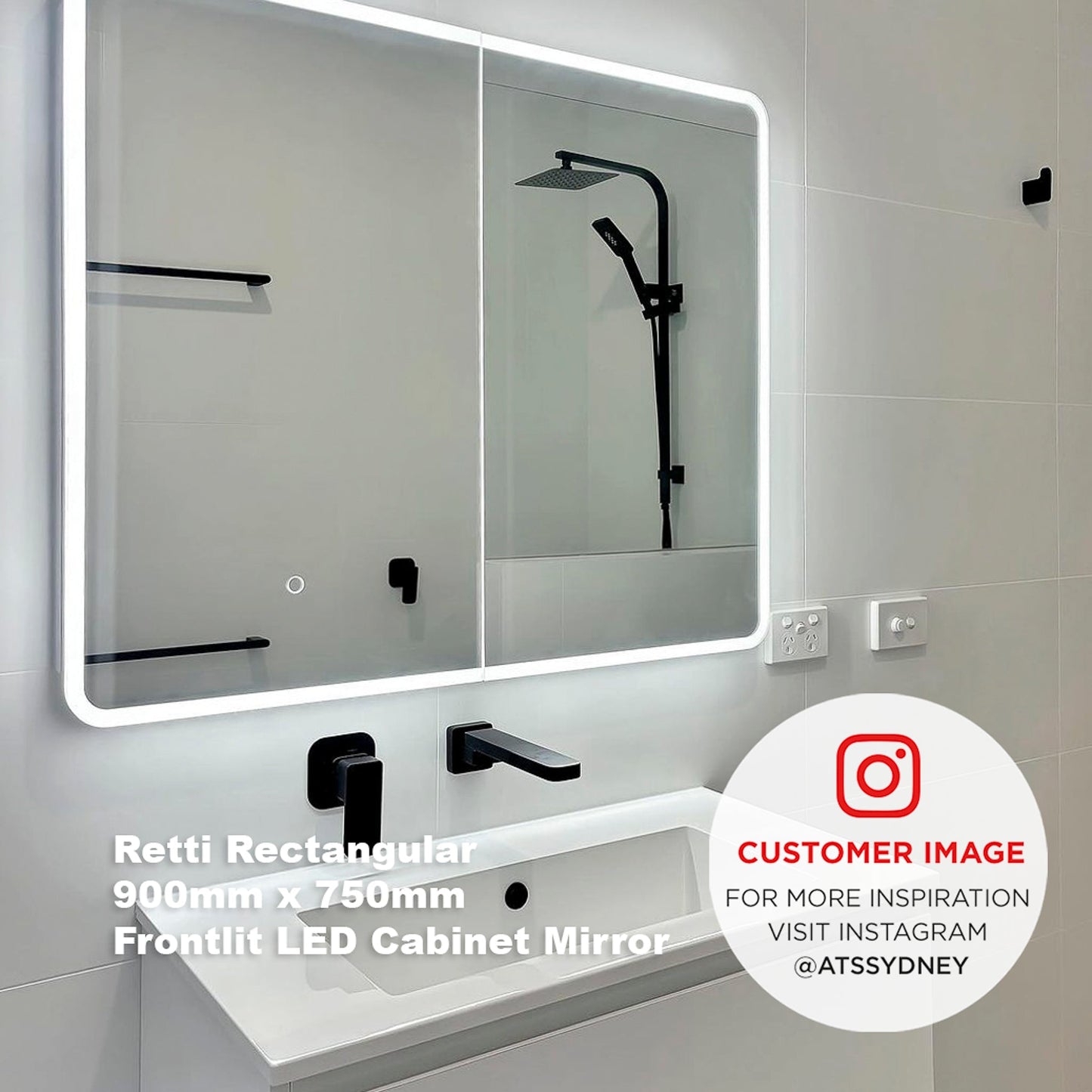 Retti Rectangular 1800mm x 750mm Frontlit LED Mirrored Shaving Cabinet, Matte Black