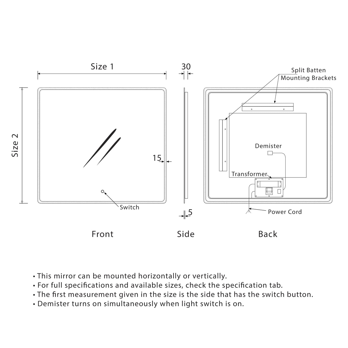 Retti Rectangular 900mm x 900mm LED Mirror with Frosted Border and Demister