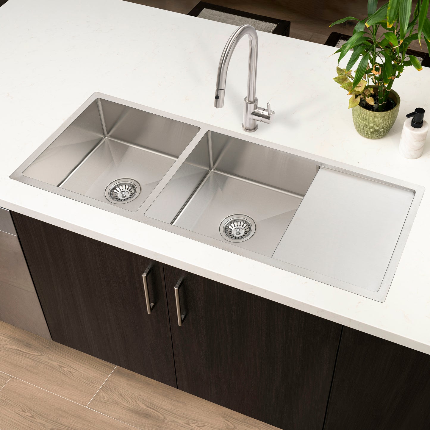 Retto II 1190mm x 450mm x 230mm Stainless Steel Double Sink with Drainer, Brushed Nickel Silver