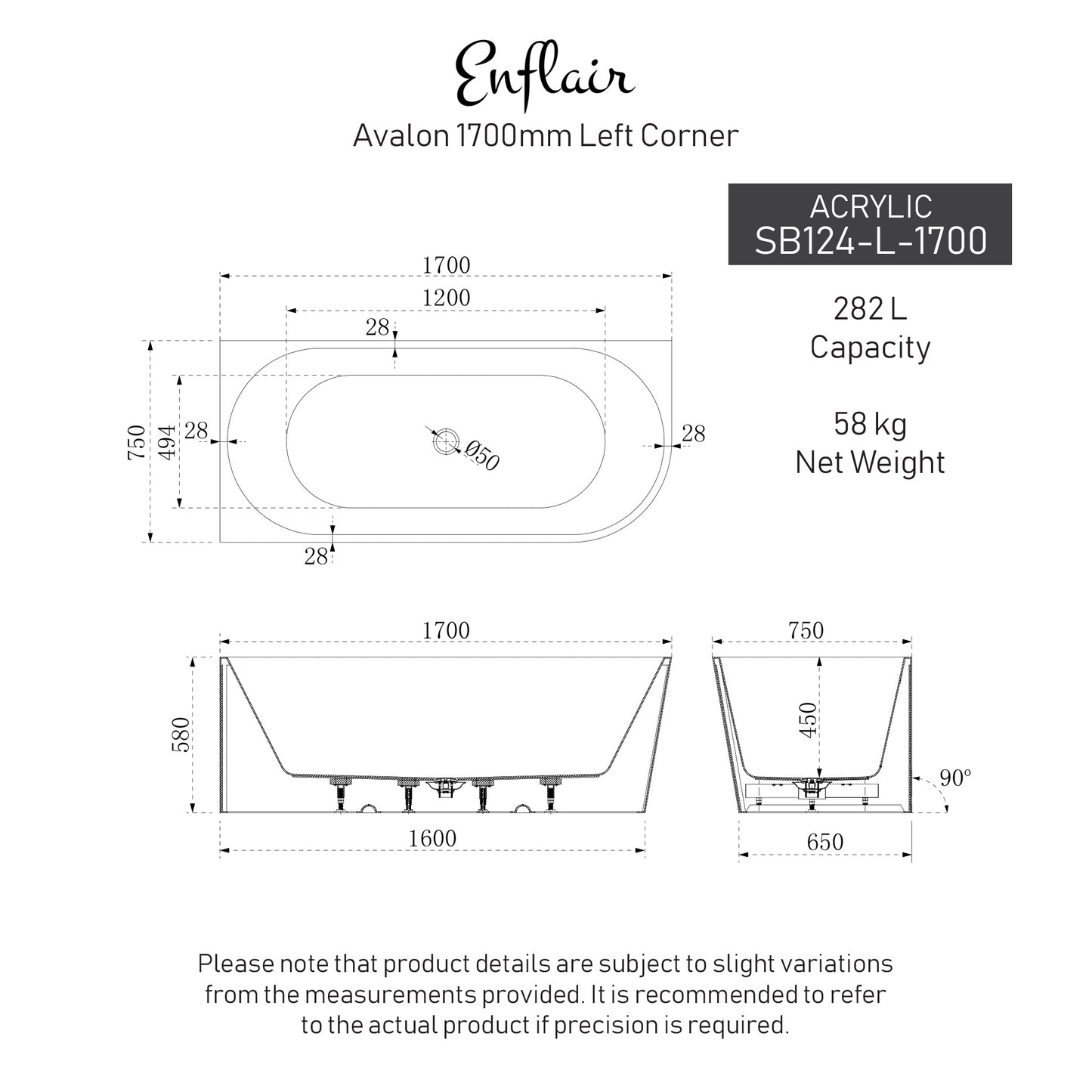 Avalon 1700mm Left Corner Freestanding Bath, Matte White