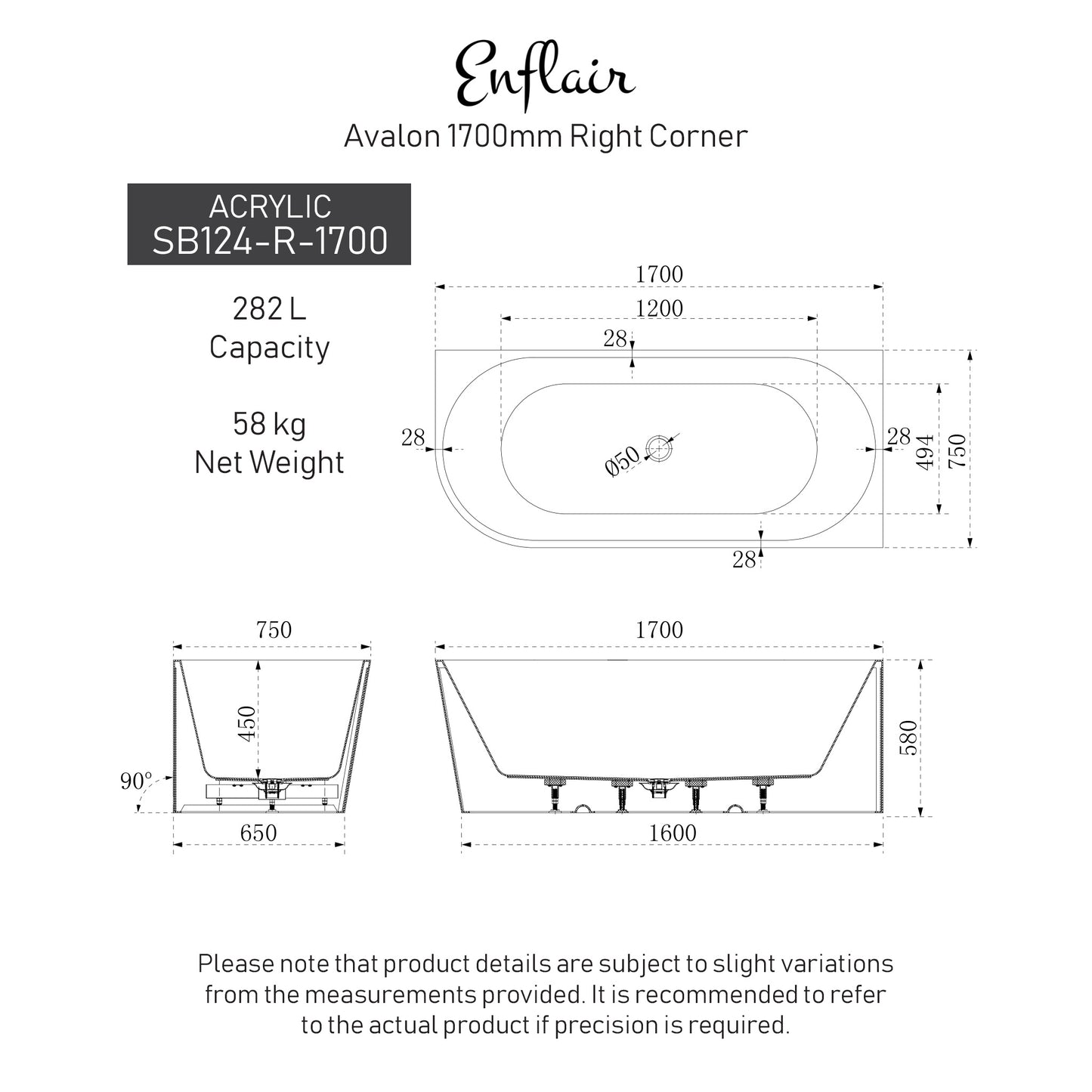 Avalon 1700mm Right Corner Freestanding Bath, Matte White
