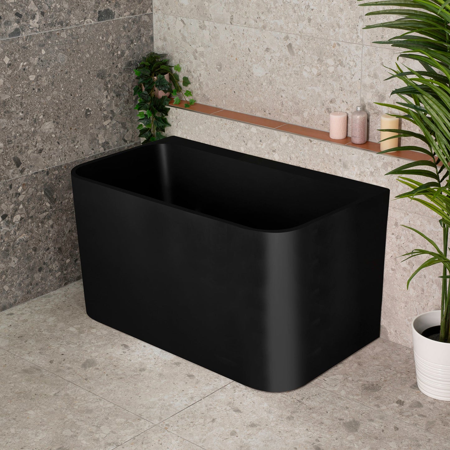 Estus 1200mm Back to Wall Japanese Soaking Bathtub with Seat, Matte Black