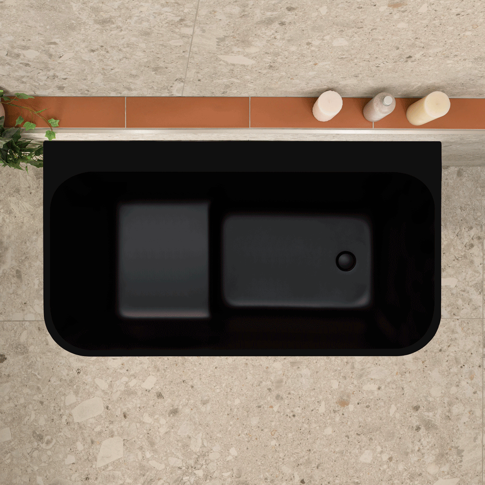 Estus 1300mm Back to Wall Japanese Soaking Bathtub with Seat, Matte Black
