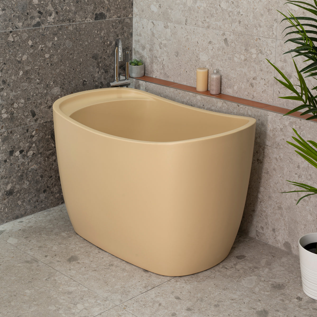 Ofuro 1200mm Extra Height Japanese Soaking Freestanding Bath with Seat, Matte Vanilla Beige - SPECIAL EDITION
