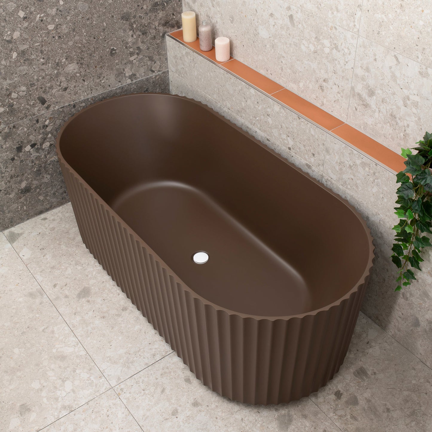 Agora Groove 1700mm Fluted Oval Freestanding Bath, Matte Chocolate Brown - SPECIAL EDITION