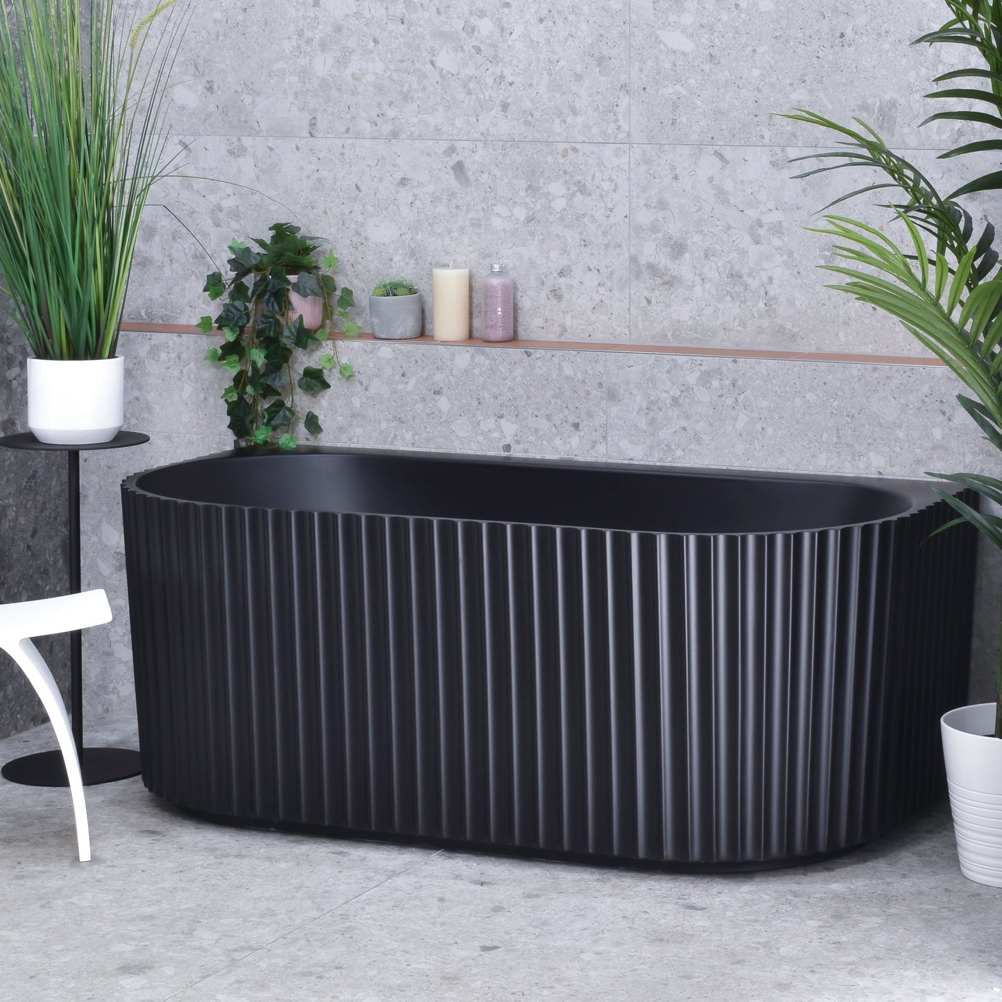 Agora Groove 1500mm Fluted Oval Freestanding Back to Wall Bath, Matte Black