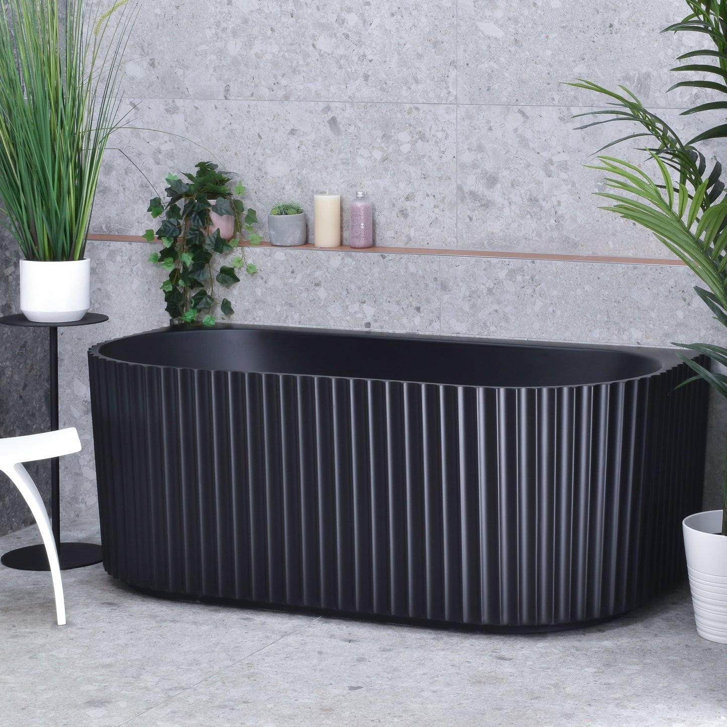 Agora Groove 1700mm Fluted Oval Freestanding Back to Wall Bath, Matte Black