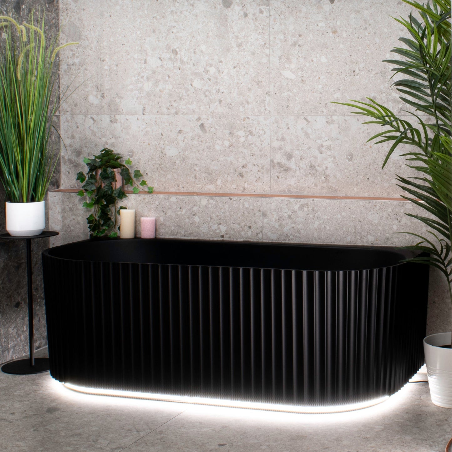 Agora Groove 1500mm Fluted Oval Freestanding Back to Wall Bath, Matte Black