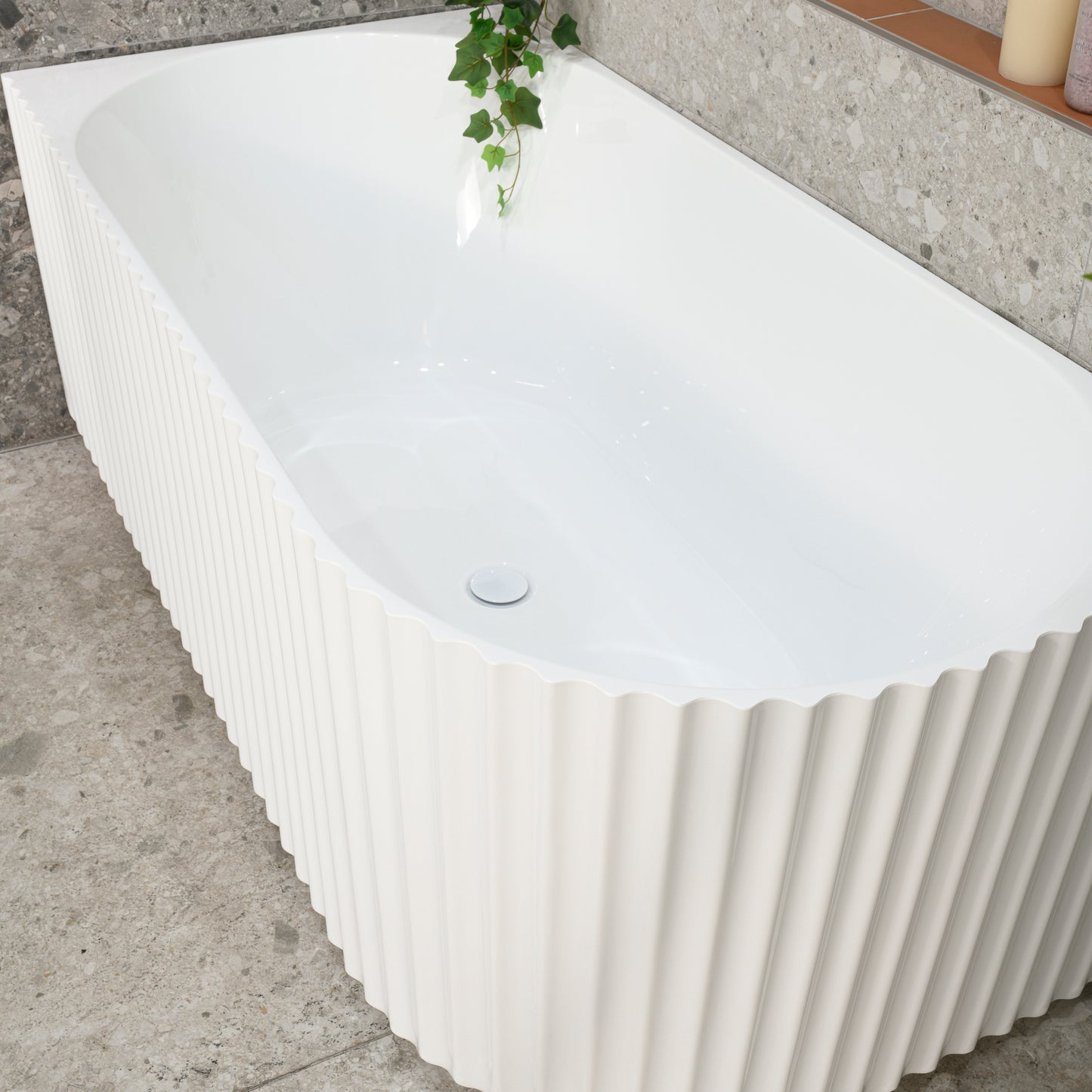 Agora Groove 1500mm Fluted Oval Left Corner Freestanding Bath, Gloss White