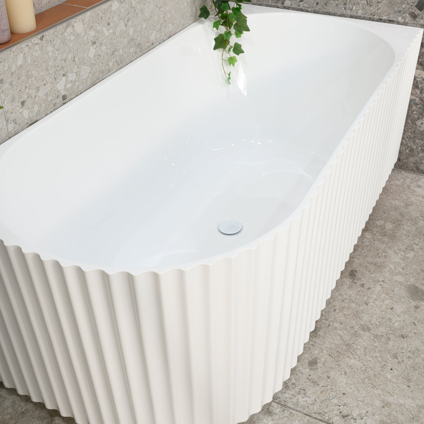 Agora Groove 1500mm Fluted Oval Right Corner Freestanding Bath, Gloss White