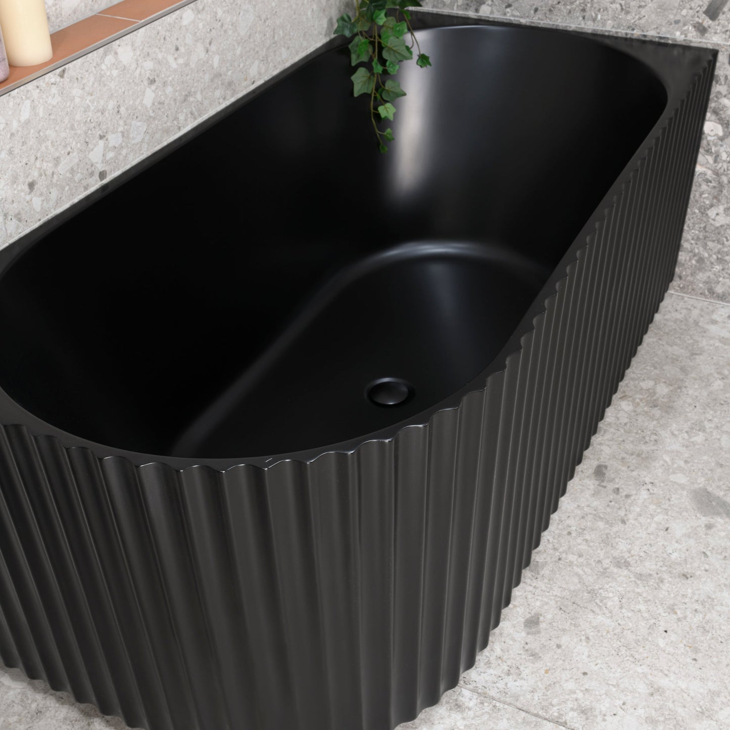Agora Groove 1500mm Fluted Right Corner Freestanding Bath, Matte Black