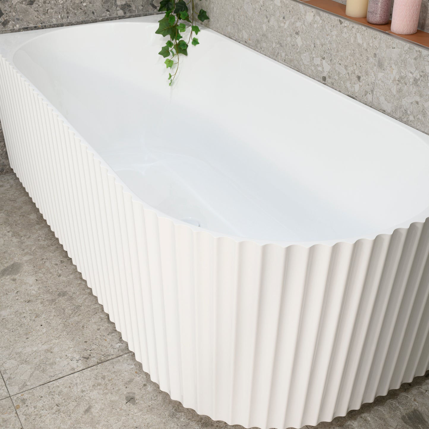 Agora Groove 1700mm Fluted Oval Left Corner Freestanding Bath, Gloss White