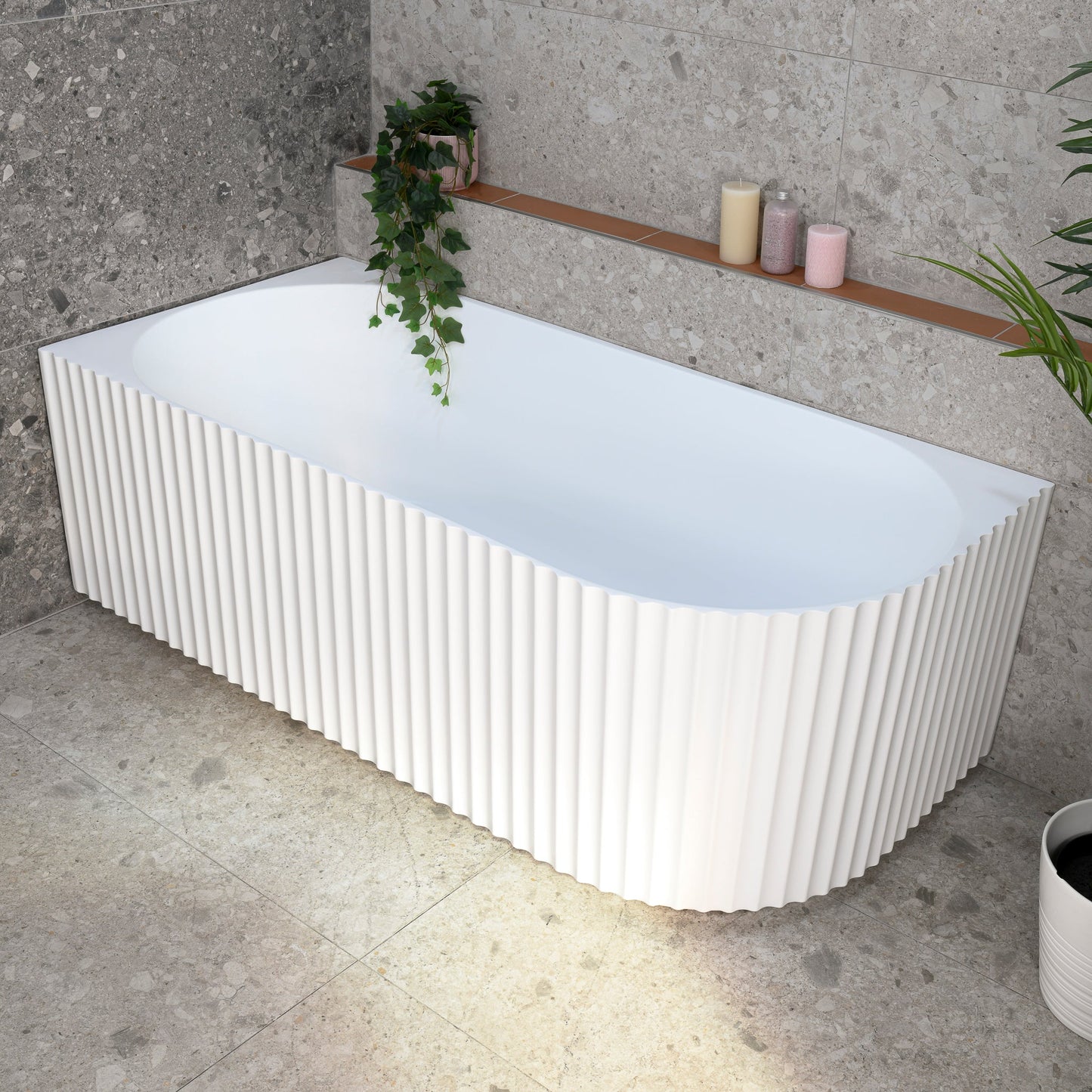 Agora Groove 1700mm Fluted Left Corner Freestanding Bath, Matte White