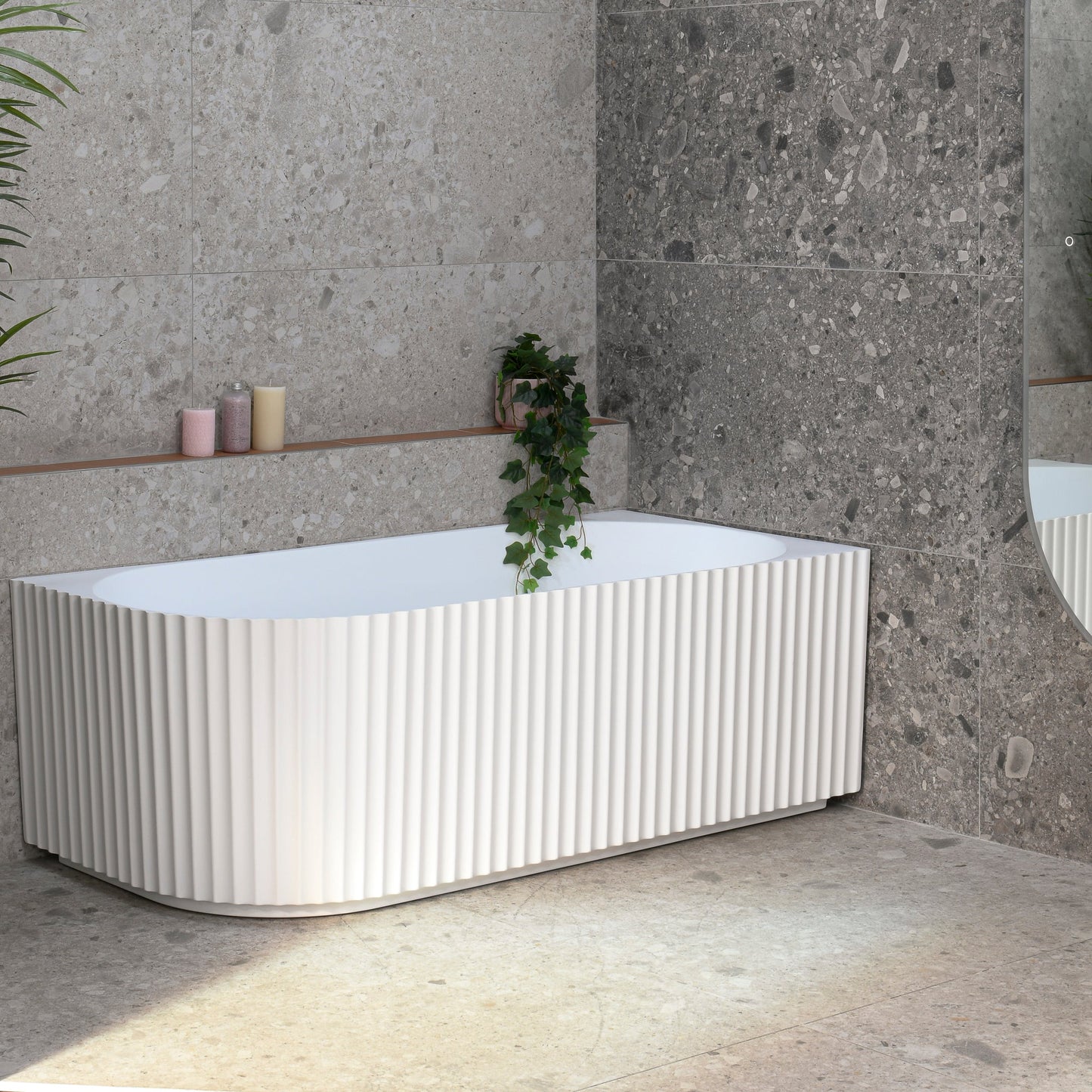 Agora Groove 1700mm Fluted Right Corner Freestanding Bath, Matte White