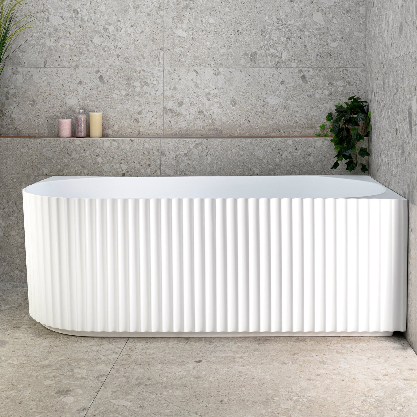 Agora Groove 1700mm Fluted Right Corner Freestanding Bath, Matte White