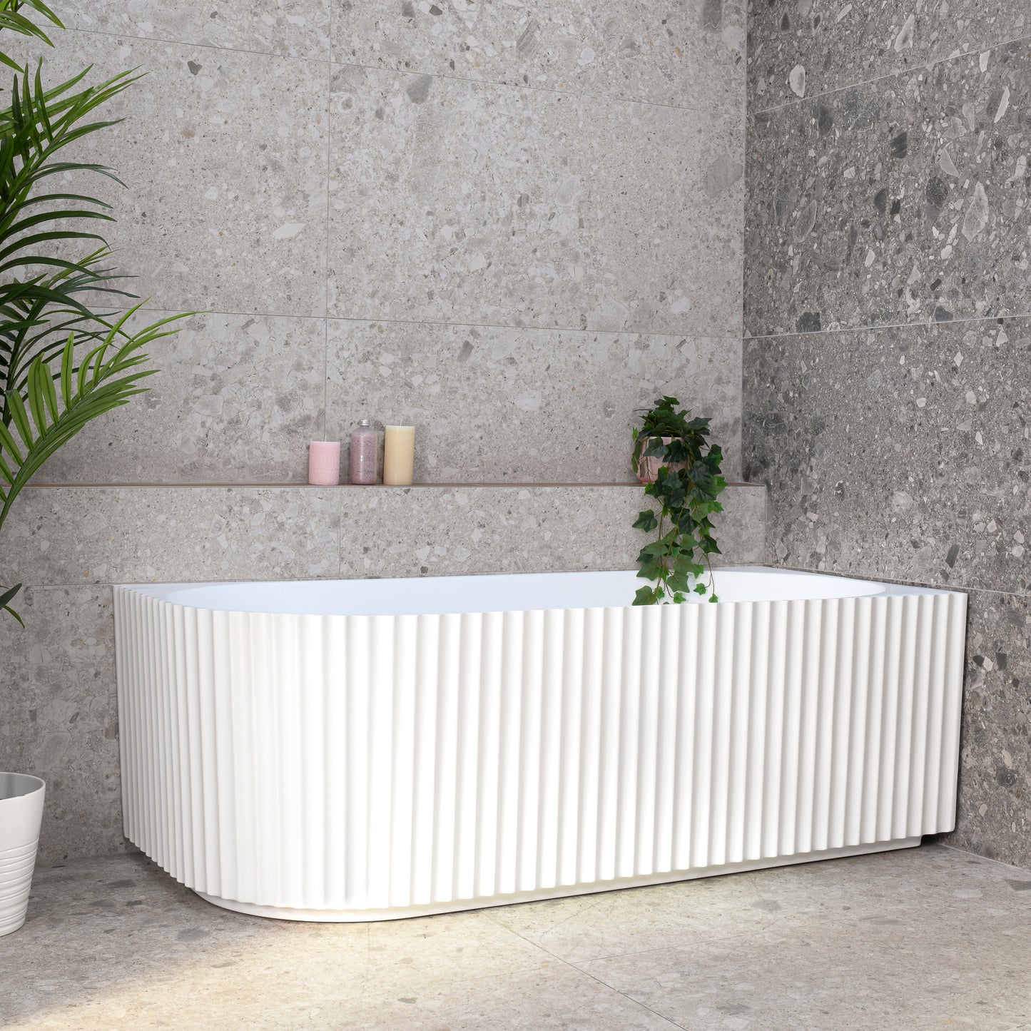 Agora Groove 1700mm Fluted Oval Right Corner Freestanding Bath, Matte White
