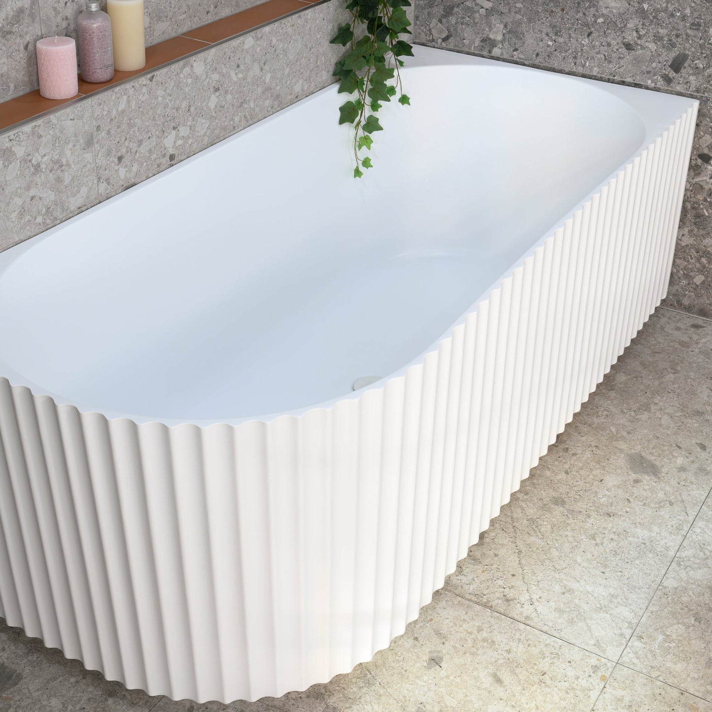 Agora Groove 1700mm Fluted Right Corner Freestanding Bath, Matte White