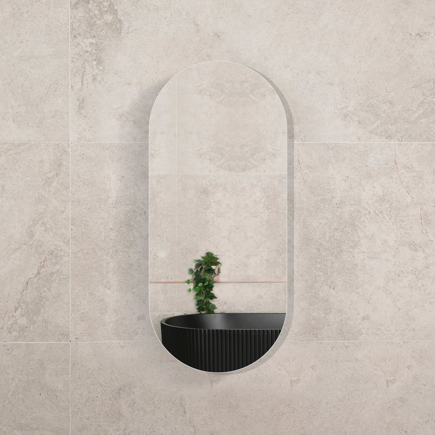 Pill Oval 400mm x 900mm Mirrored Shaving Cabinet, Matte Black