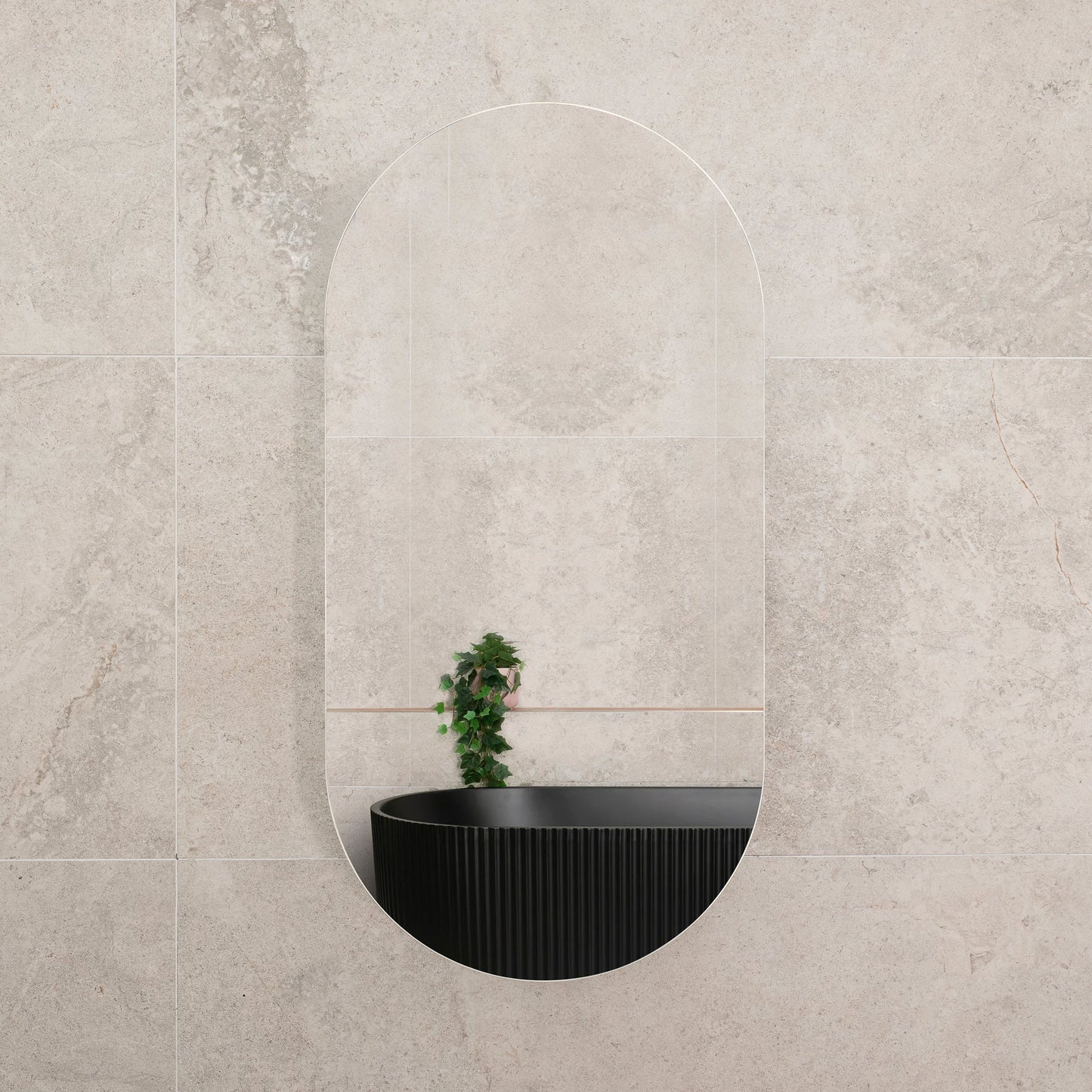 Pill Oval 500mm x 1000mm Mirrored Shaving Cabinet, Matte Black