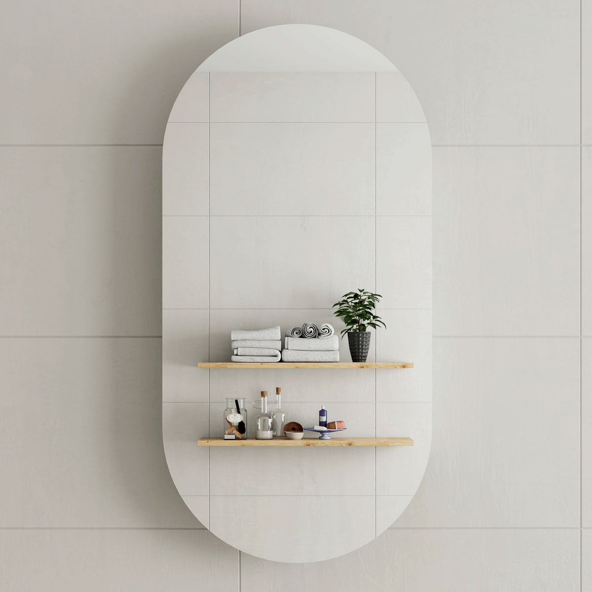 Pill Oval 600mm x 1200mm Mirrored Shaving Cabinet, Matte Black