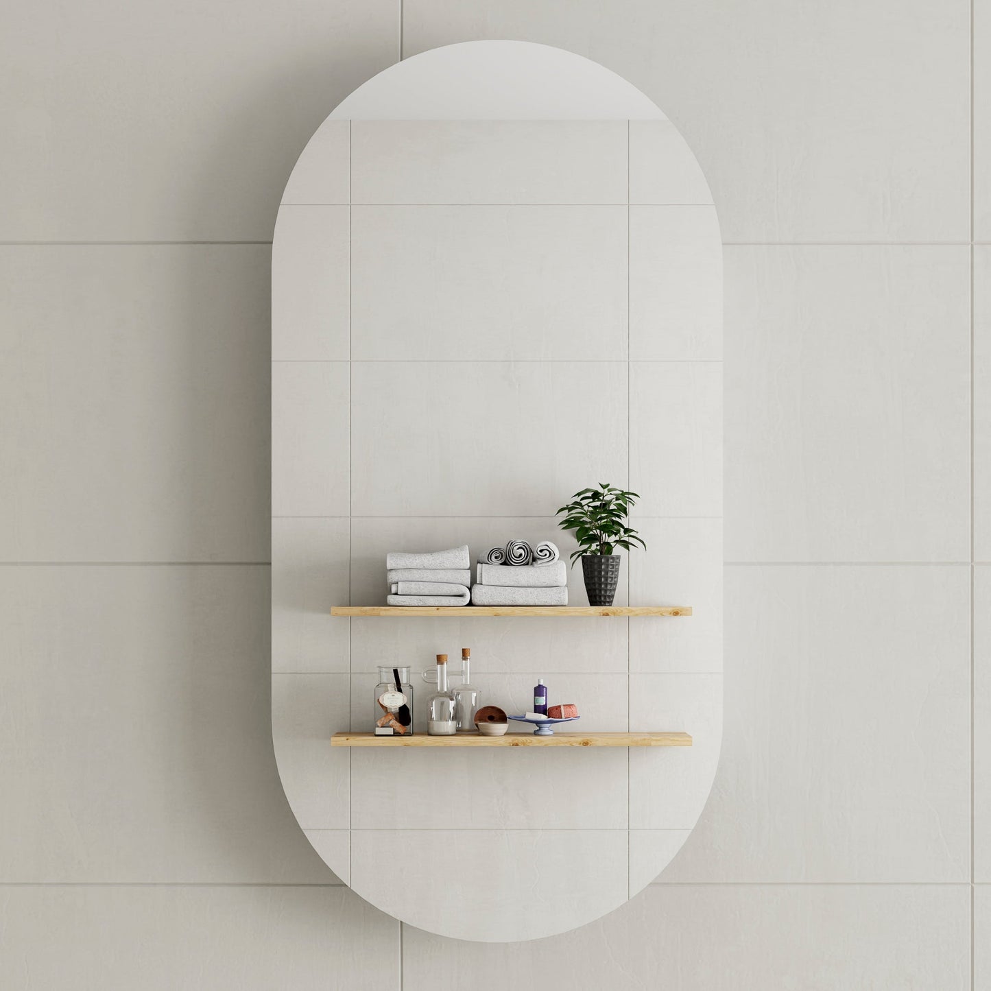 Pill Oval 600mm x 1200mm Mirrored Shaving Cabinet, Matte Black