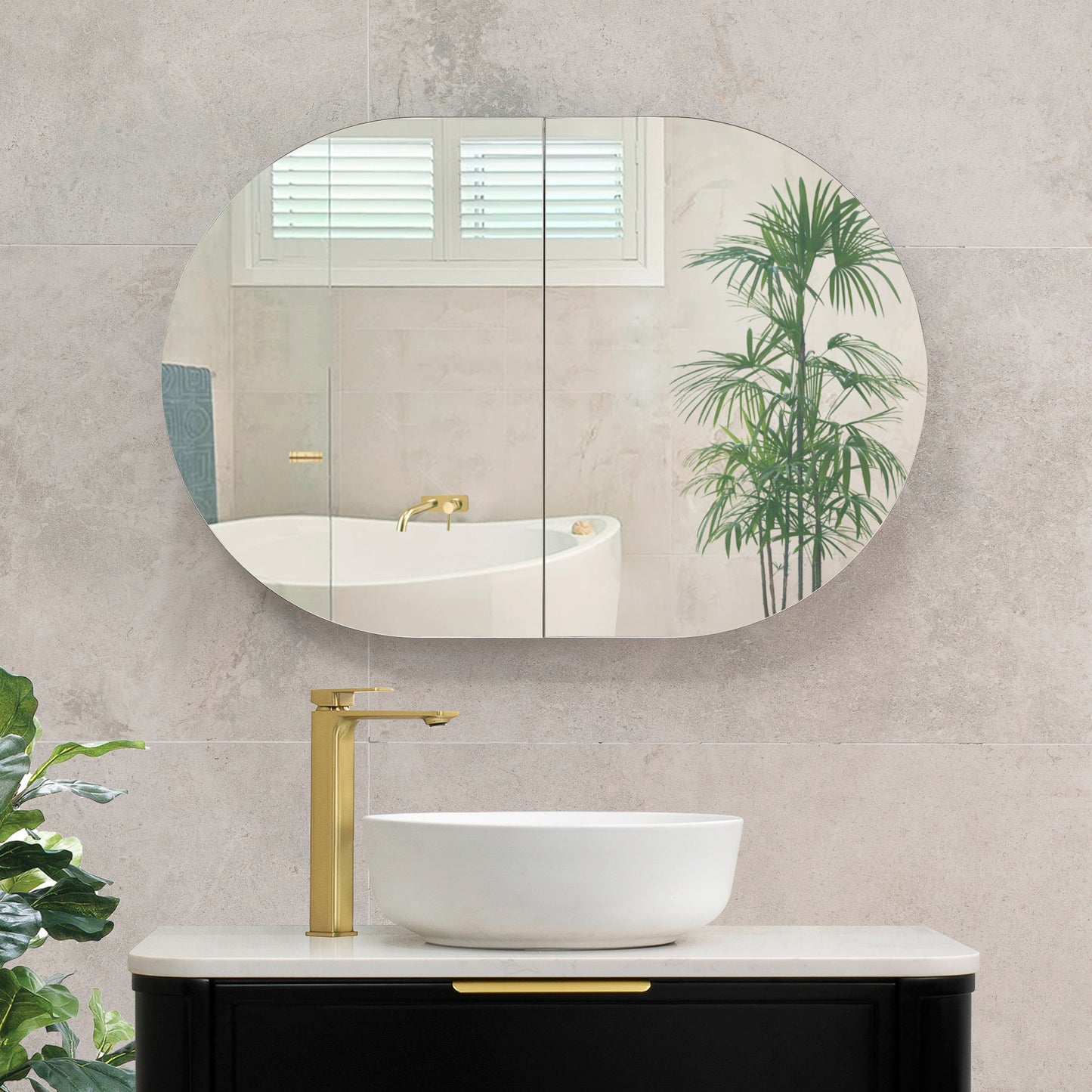 Pill Oval 900mm x 600mm Mirrored Shaving Cabinet, Matte Black
